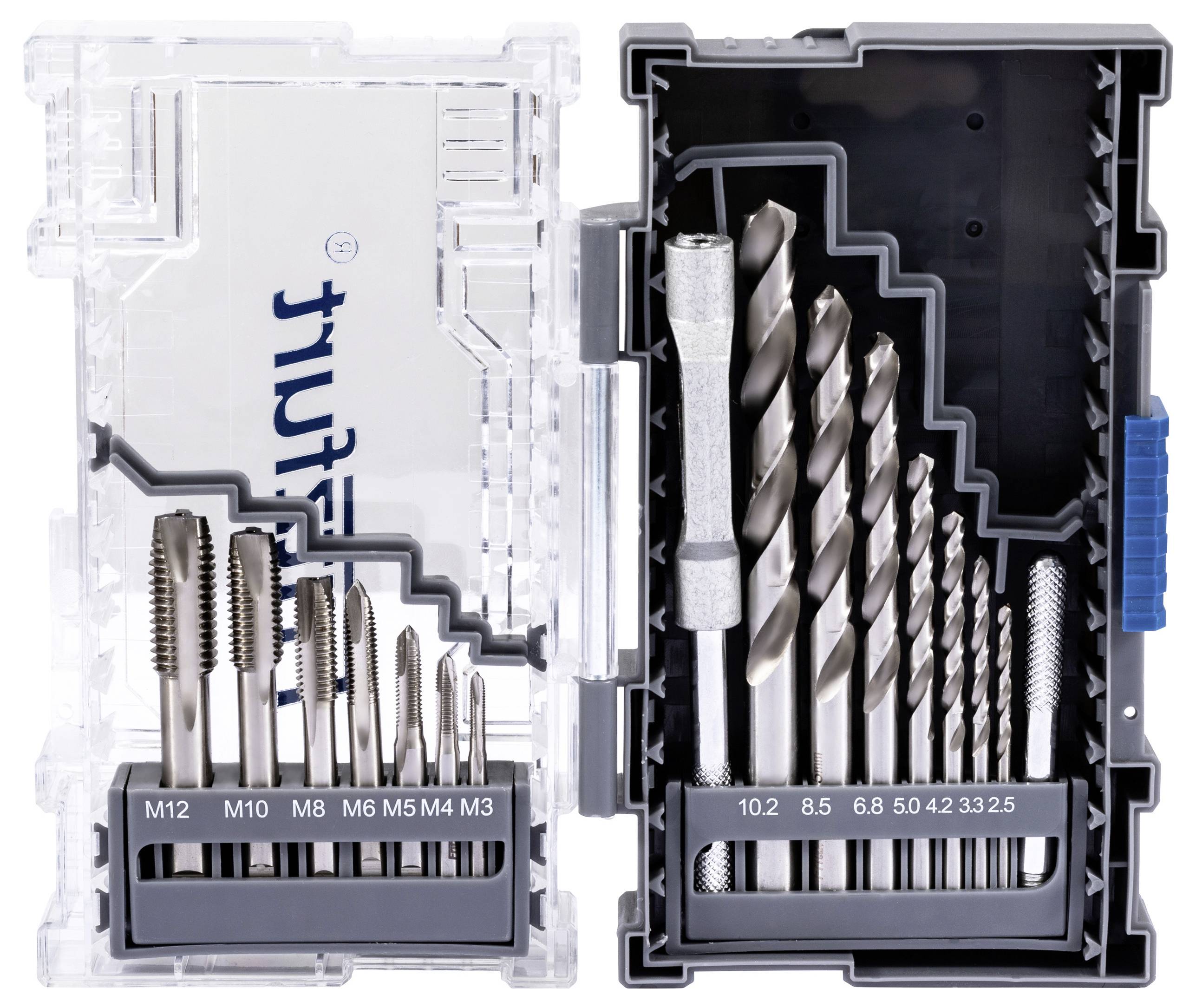 A set of metal drill and tap bits in an open case, showing various sizes from M12 to M3 for taps and 10.2 to 3.3 mm for drills.