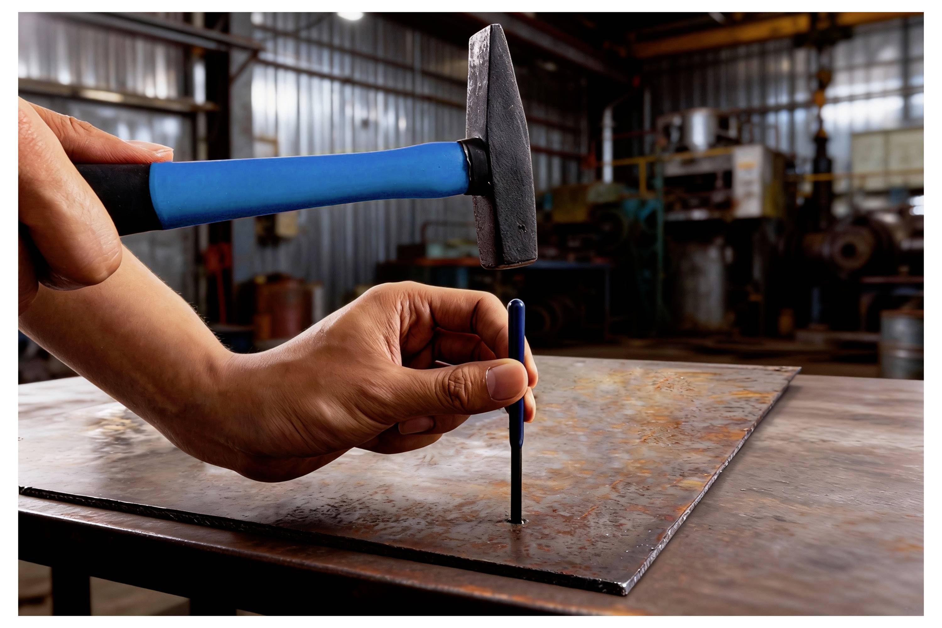 A person uses a blue-handled hammer and chisel on a metal sheet in an industrial workshop, demonstrating metalworking techniques.
