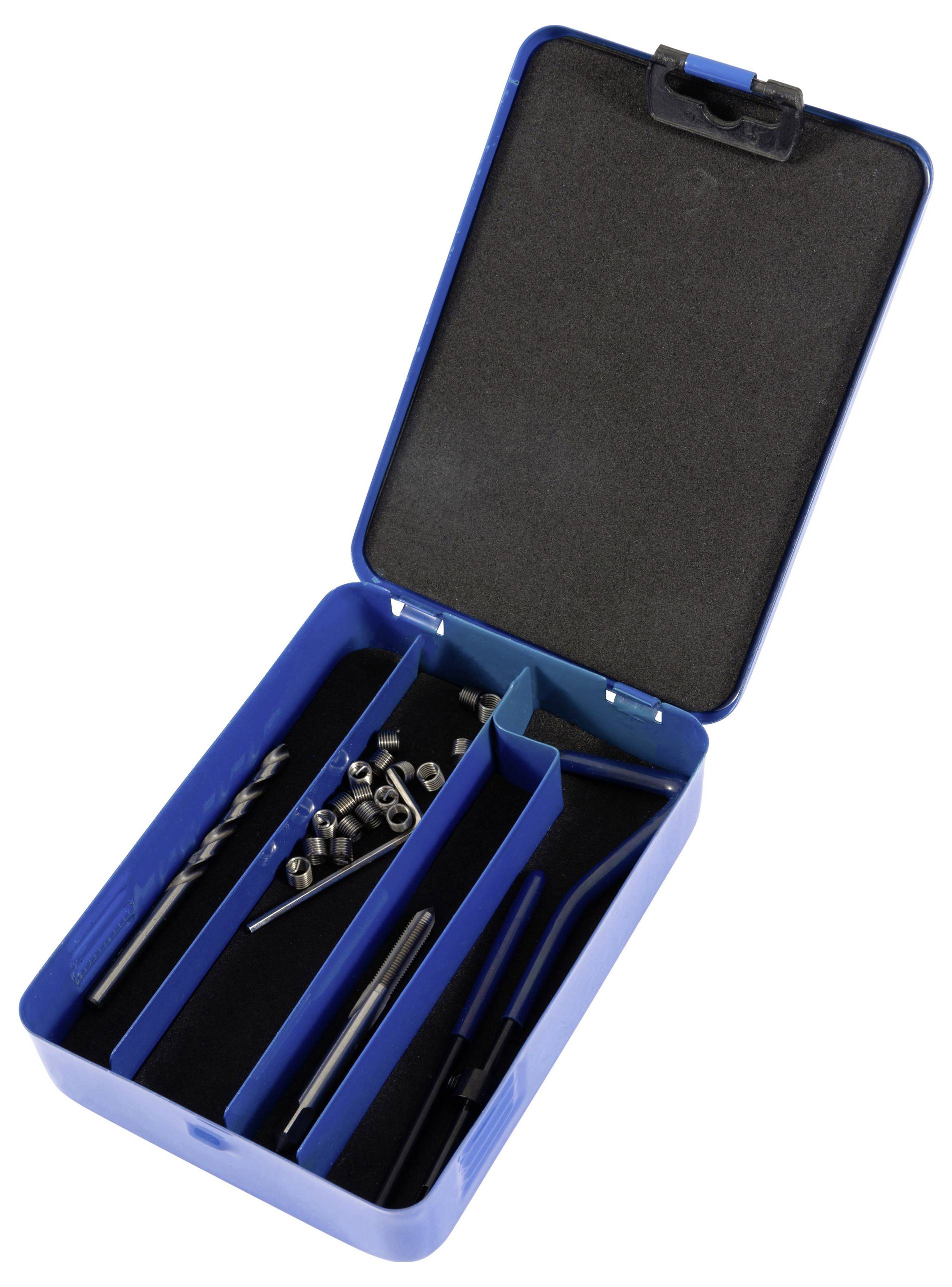 Open blue tool case containing a drill bit, hex key, screw inserts, and a tool with a blue handle, used for thread repair.