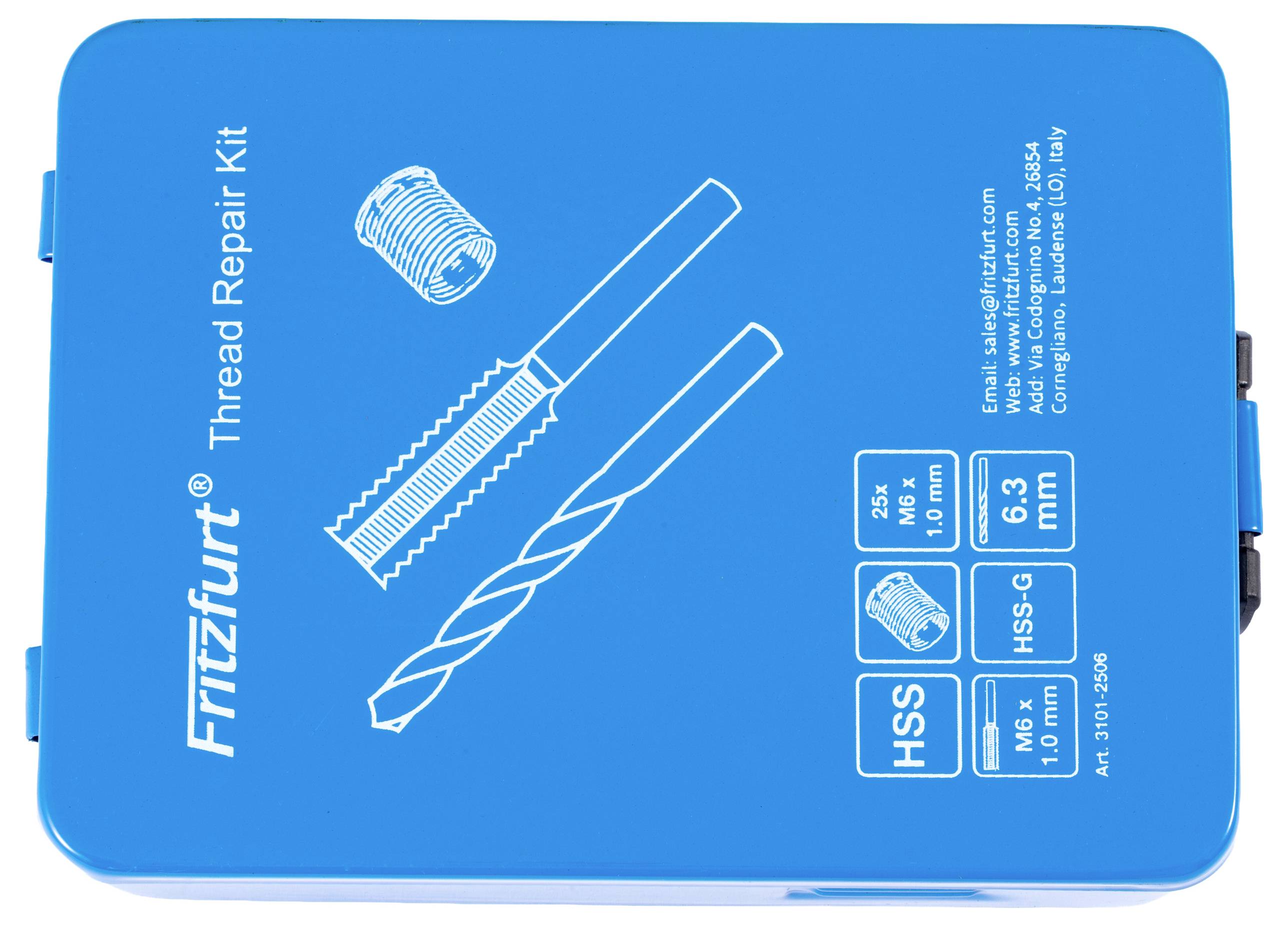A blue thread repair kit case displaying illustrations of a thread insert, a tap, and a drill bit. Text includes 'Fritzfurt Thread Repair Kit'.