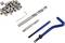 A Helicoil thread repair kit with inserts, a drill bit, a tap, an insertion tool, and a hex key on a white background.