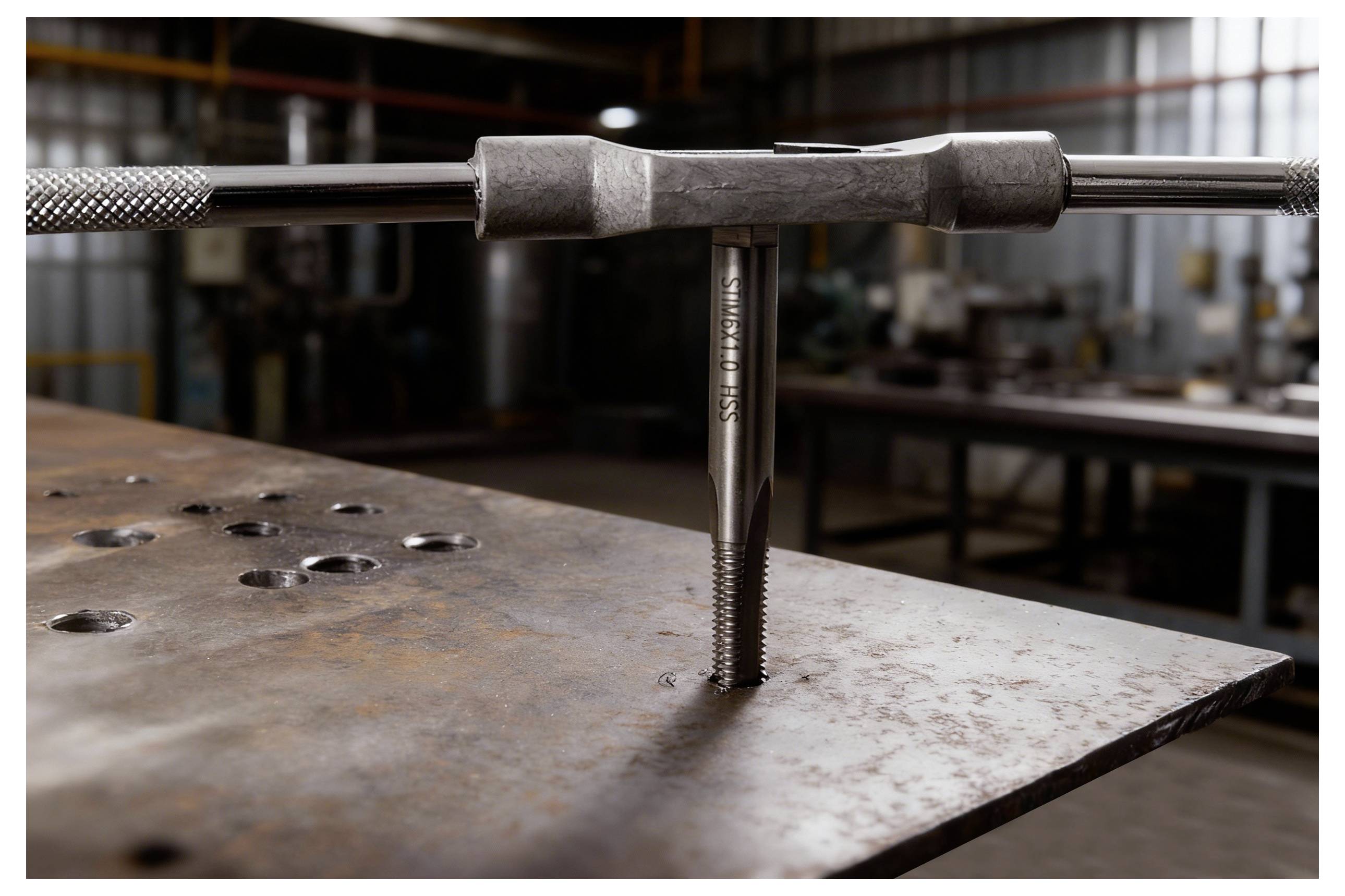 A metal tap tool is inserted into a piece of perforated metal, illustrating the process of threading holes in an industrial workshop setting.