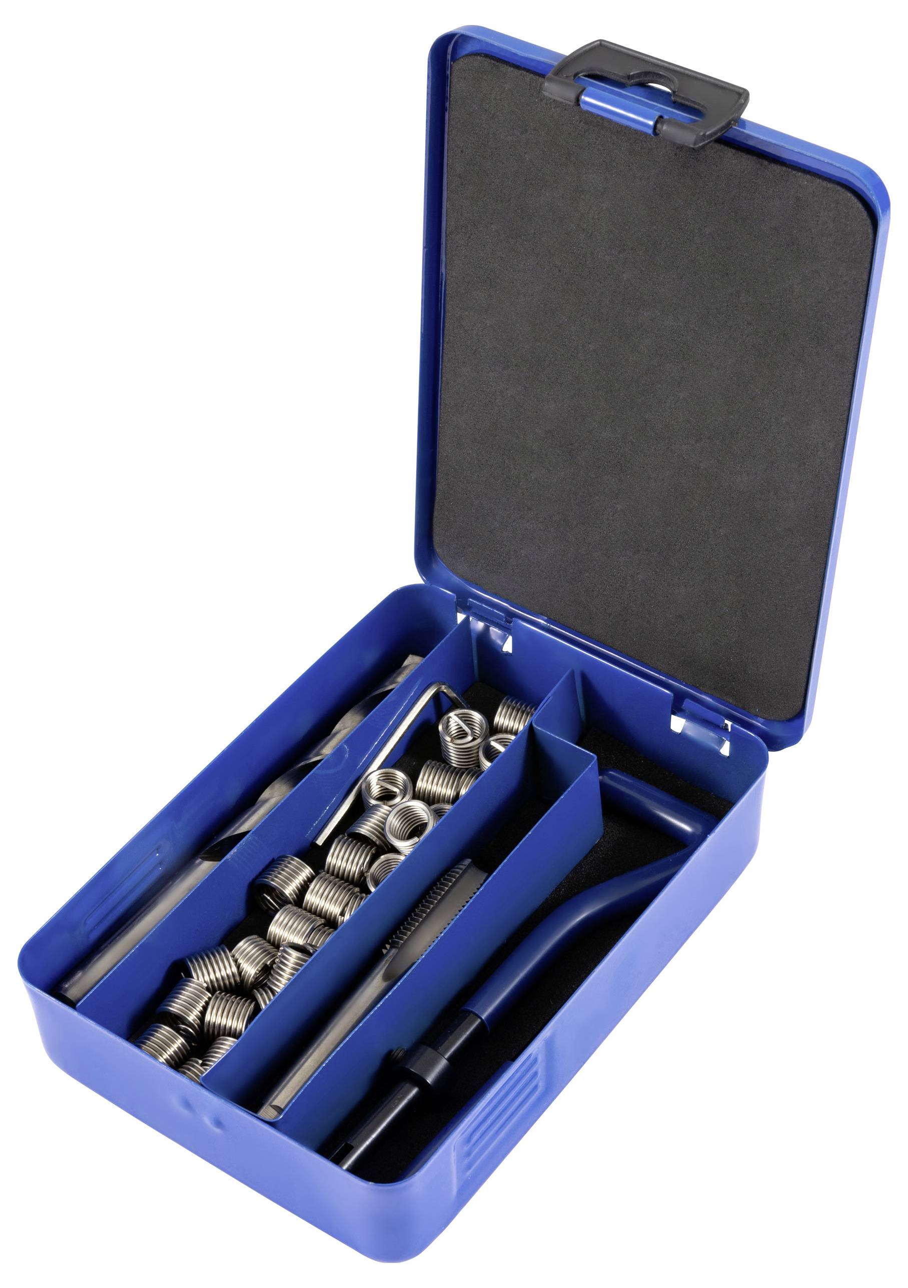 An open blue plastic box containing a coil thread repair kit with several helicoil inserts, a tap, an insertion tool, and a wrench.
