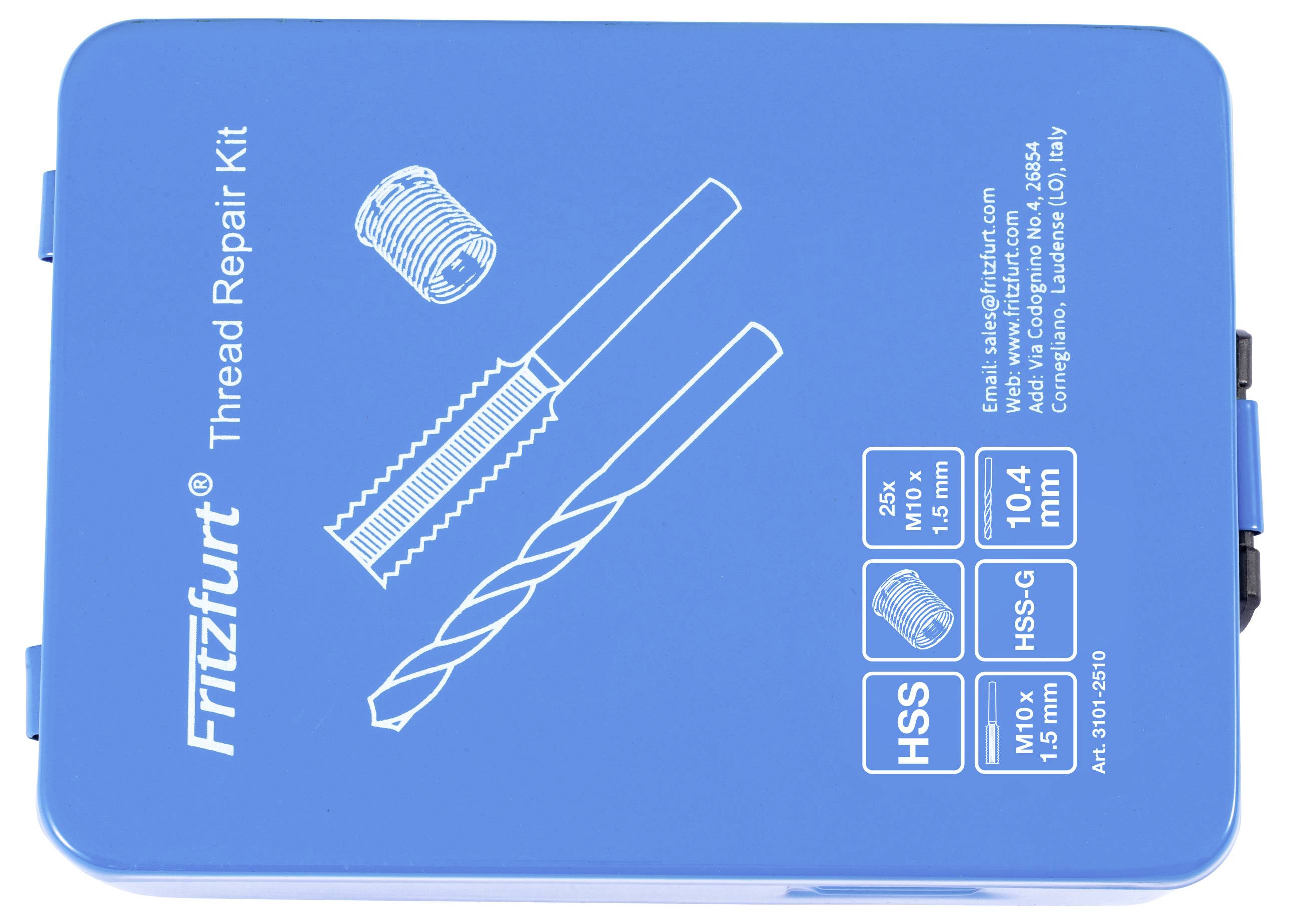 Blue 'Fritzfurt Thread Repair Kit' case showcasing a tap, drill, and thread insert. Labeled with sizes: M10 x 1.5mm, HSS-G, 10.4mm.