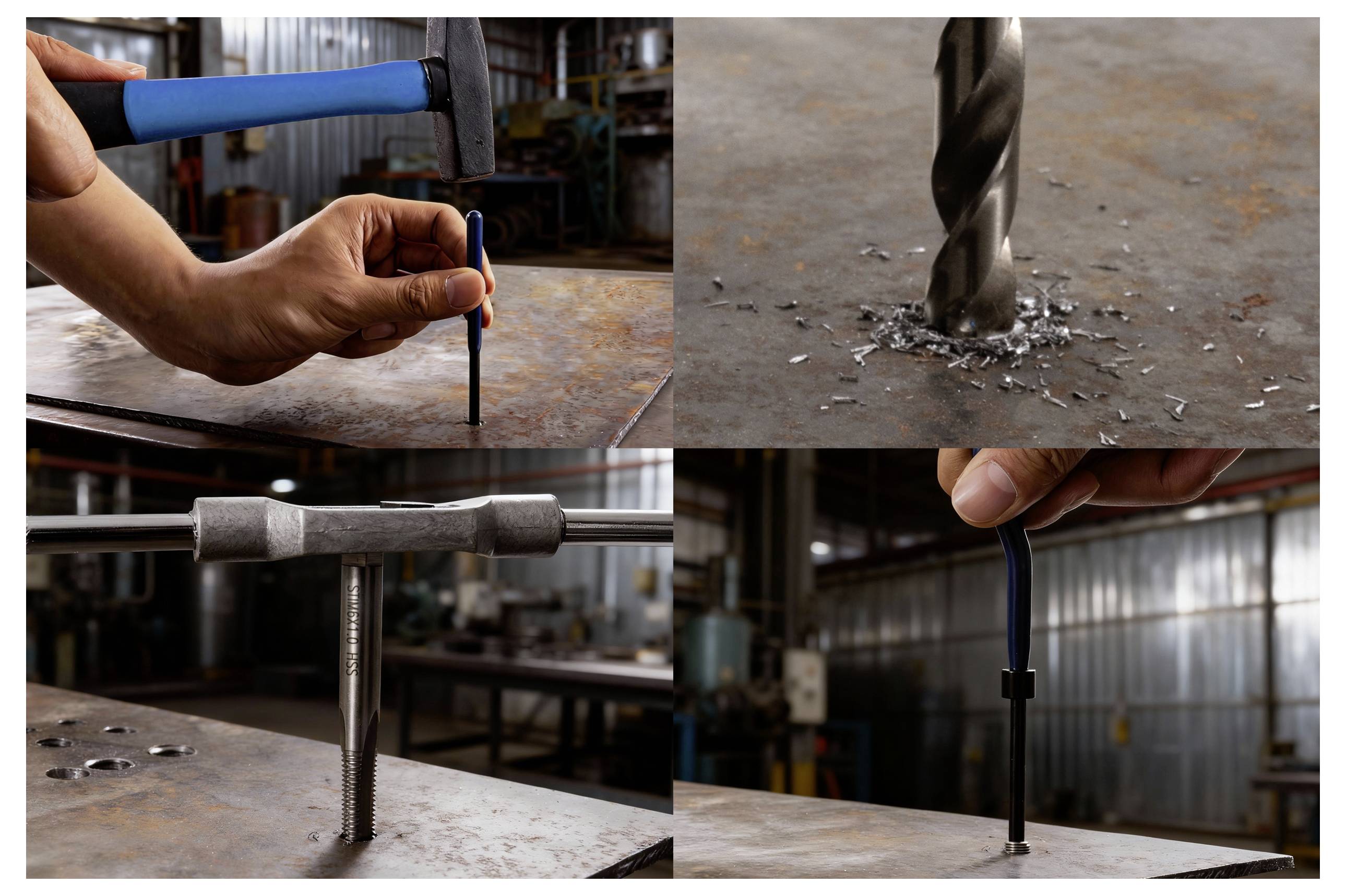 'Four images show metalworking processes: hammering a center punch, drilling metal, using a tap wrench, and a hand with a tool.'