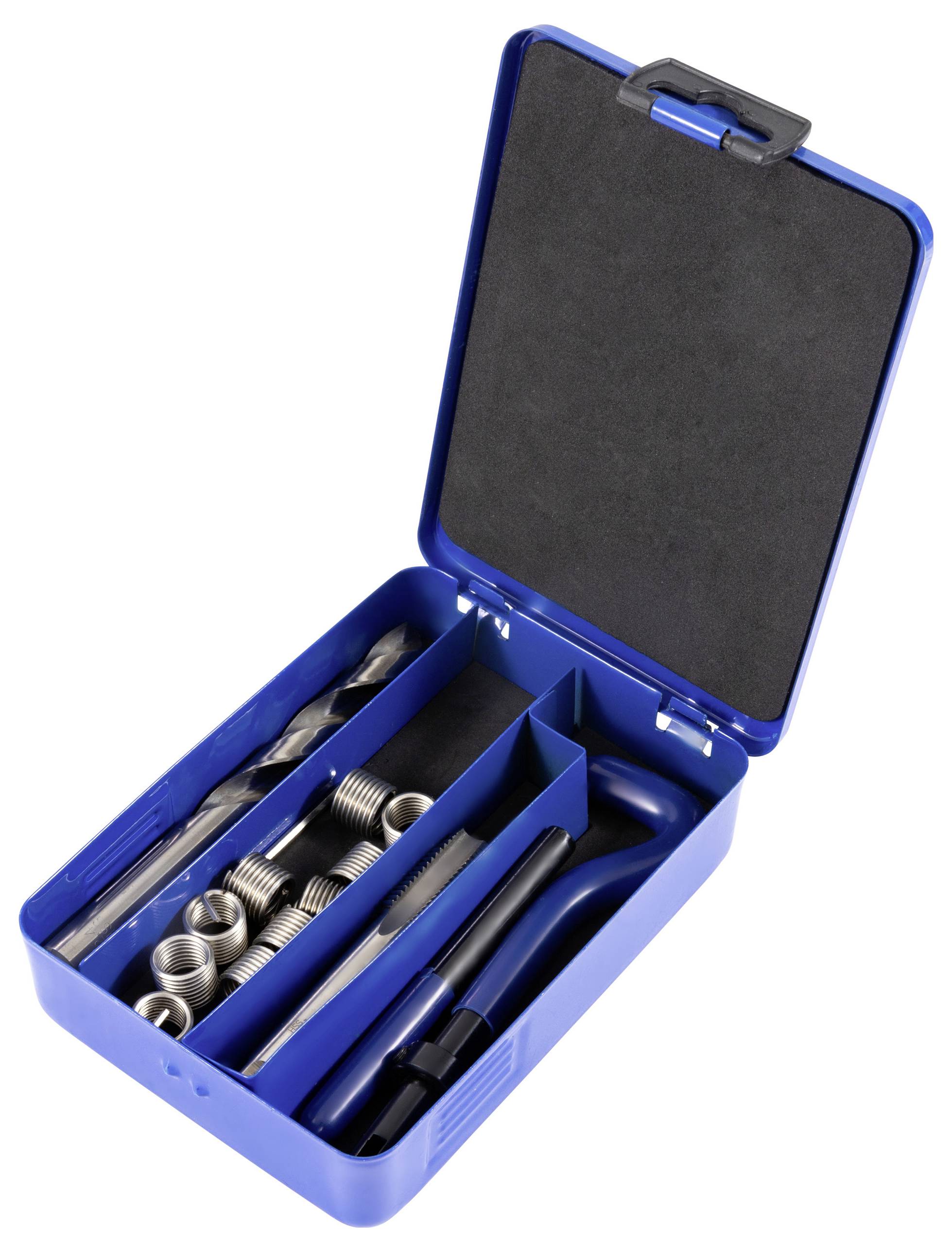 An open blue plastic box containing various metal drills, coil inserts, and tools, organized in compartments for easy access.