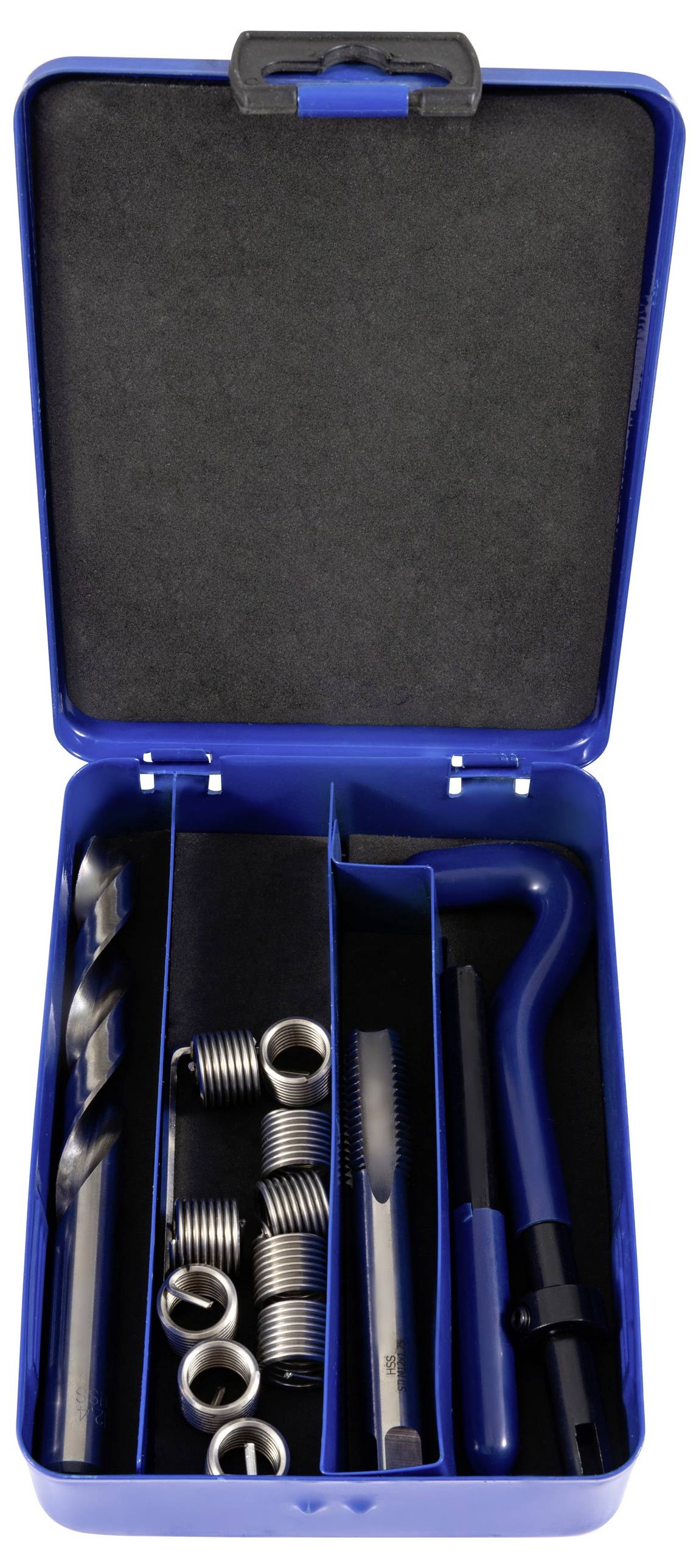 A blue metal tool kit containing a tap, drill bits, thread inserts, and a handle, organized in sections within the box.