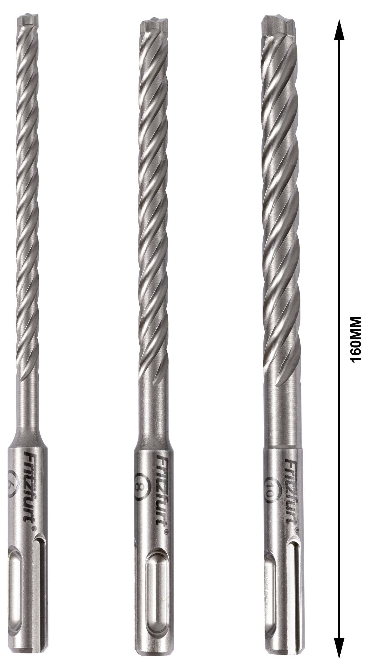 Three drill bits of equal length arranged vertically, each with a spiral design. A vertical line marked '160MM' indicates their length.