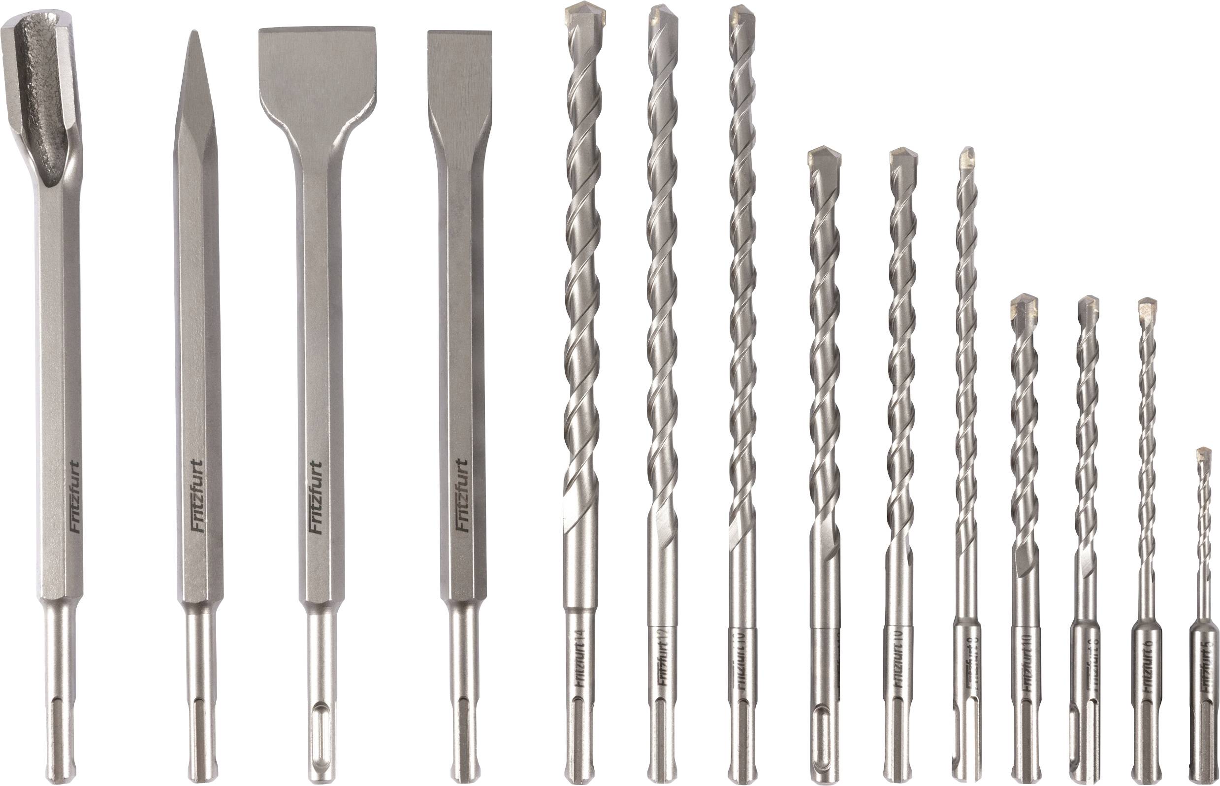 'Silver tool set includes flat, chisel, and spiral drill bits of varying lengths and sizes, aligned in a row on a white background.'