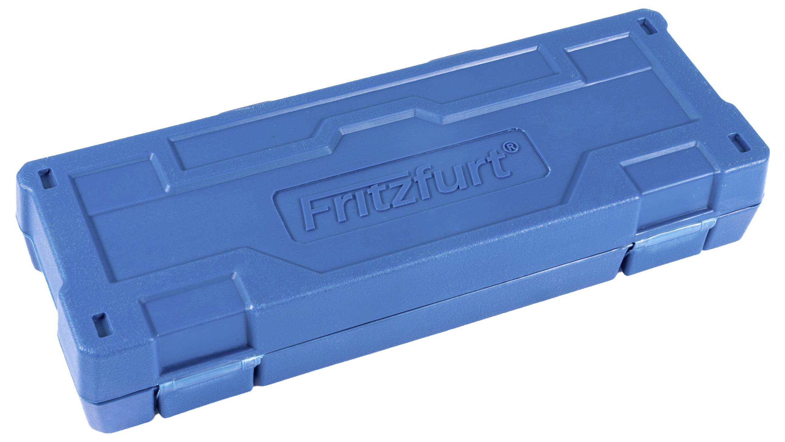 A blue plastic storage case with 'Fritzfurt' embossed on the lid, featuring secure clasps and a rugged design for holding tools.