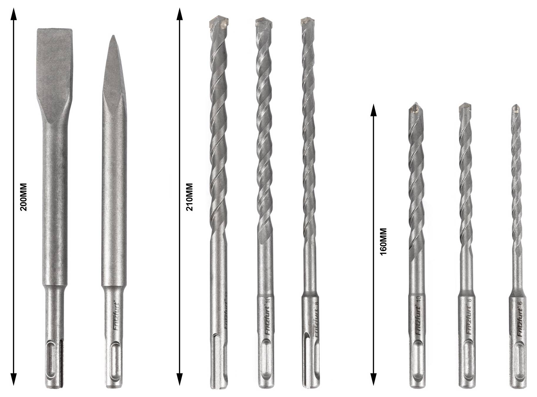 A set of seven SDS-plus drill bits and chisels, including pointed and flat chisels, and various lengths of drill bits marked from 160mm to 260mm.