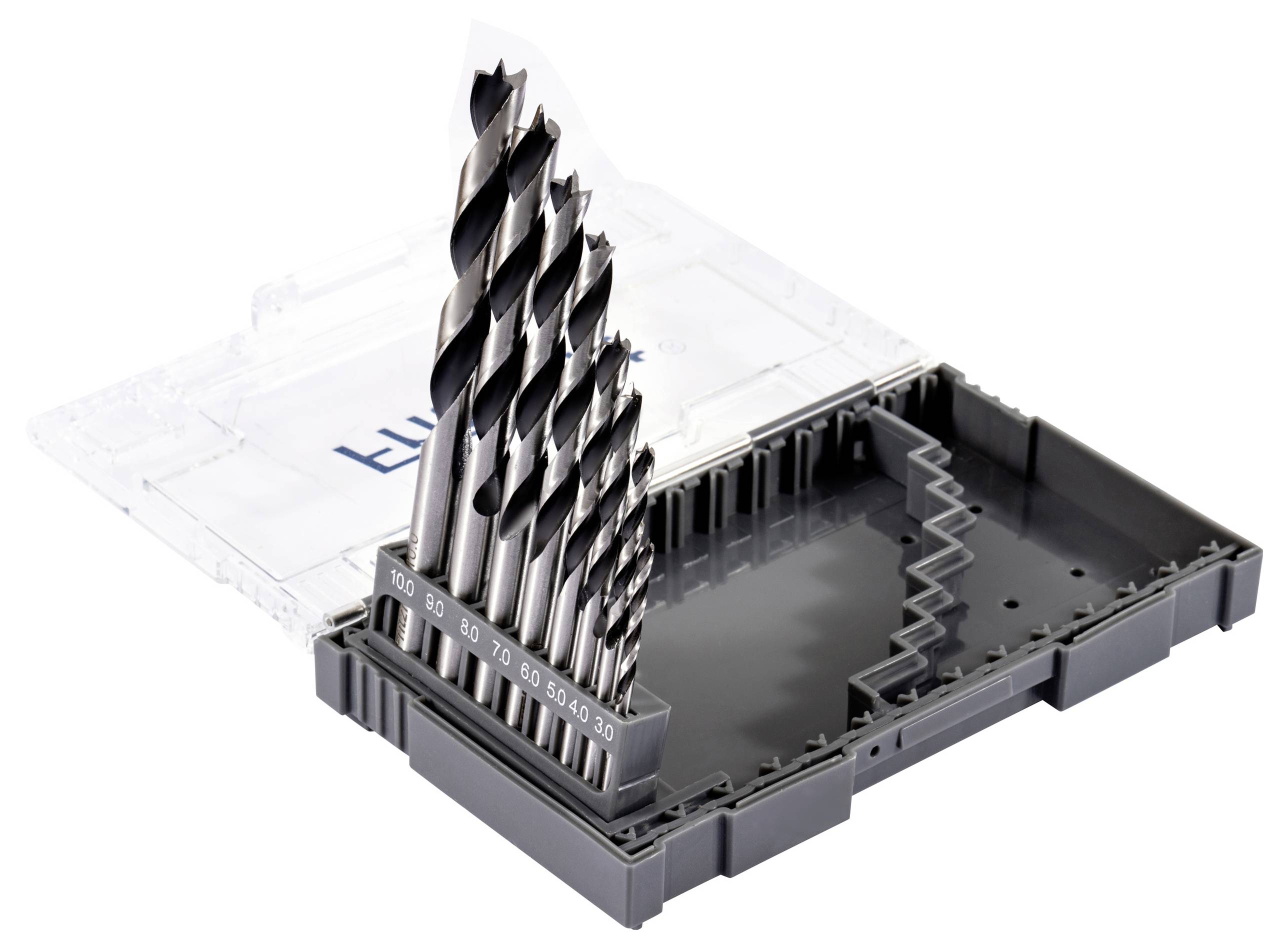 A set of nine metal drill bits in varying sizes arranged in an open gray plastic case, with each bit labeled from size 3 to 10.