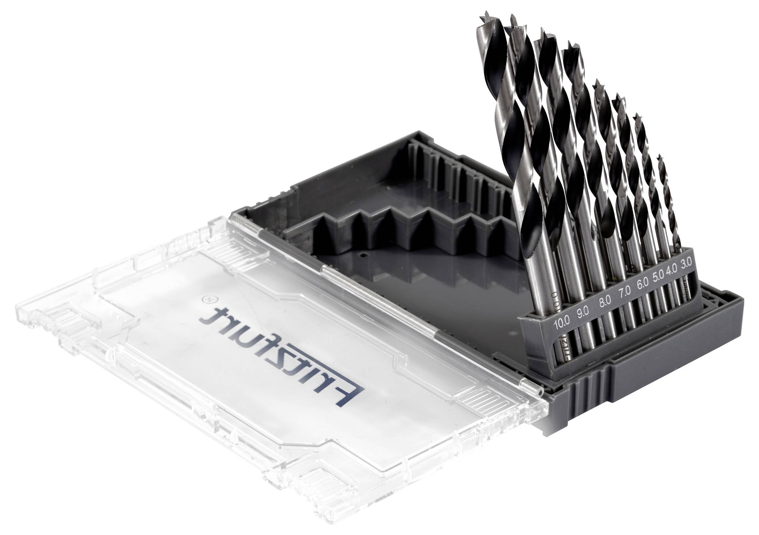 A set of drill bits organized by size in a partially open plastic case with labeled slots.