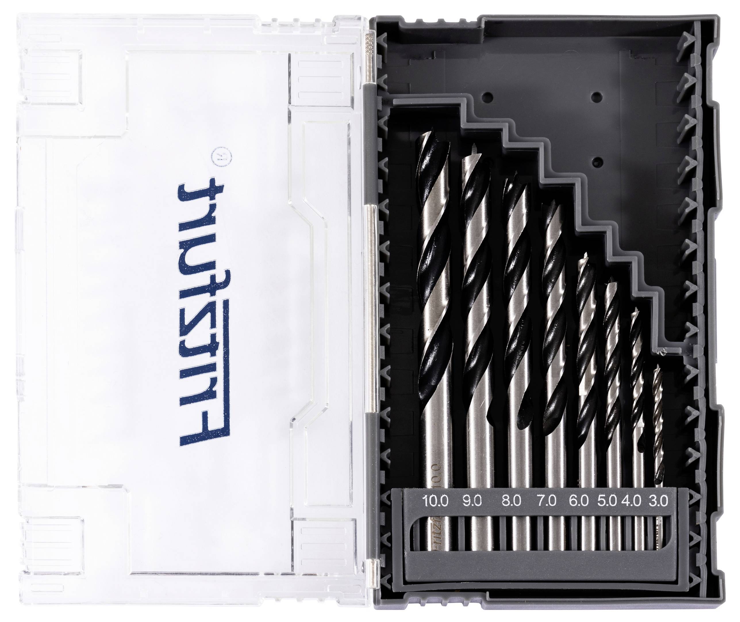 A set of metal drill bits in a plastic case, ranging from 3.0 to 10.0 mm in size, organized by increasing diameter from right to left.