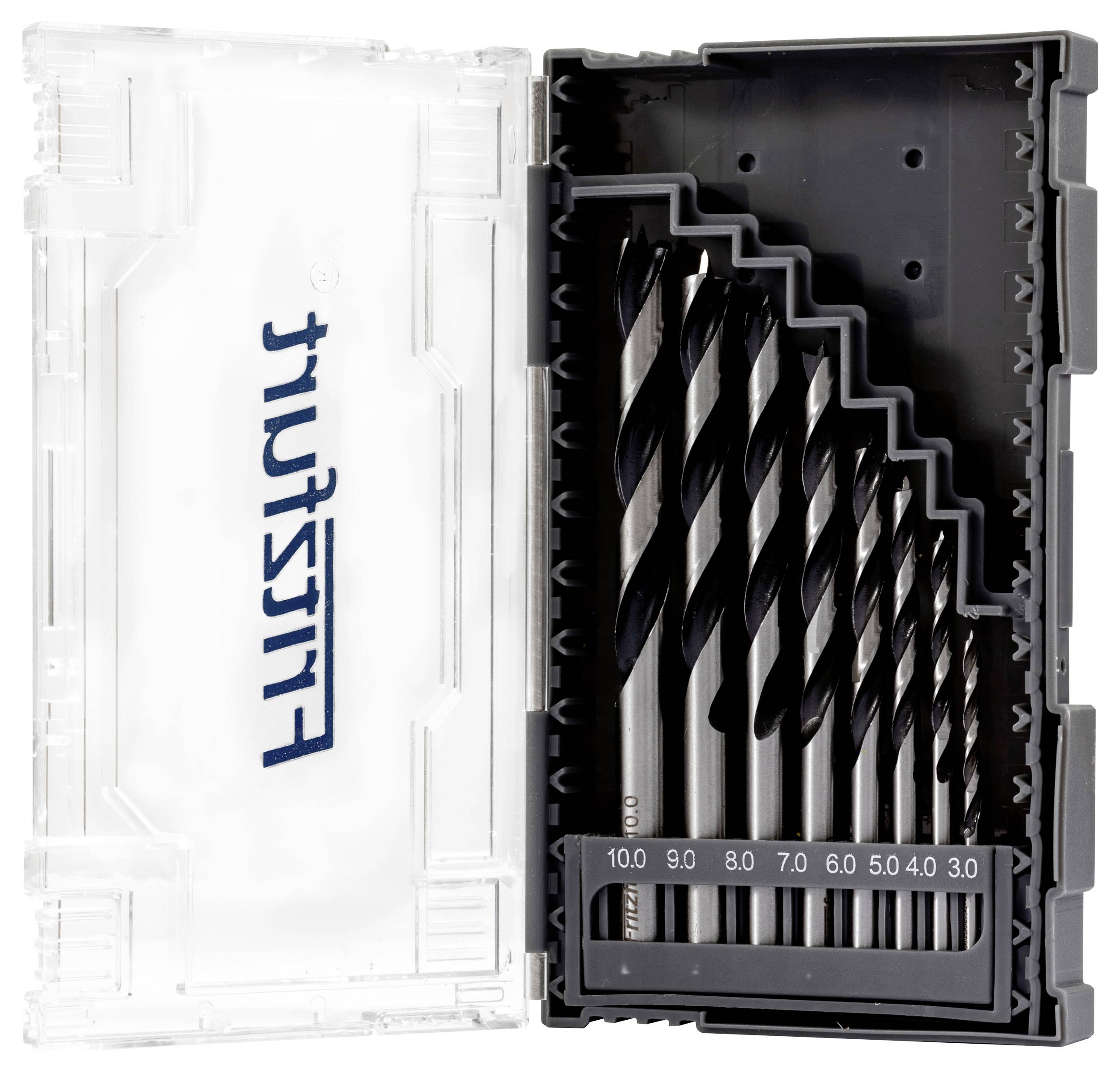 A set of nine silver drill bits in varying sizes from 1.5 to 10.0 mm, arranged in a black case with a clear lid, featuring a handle at the side.