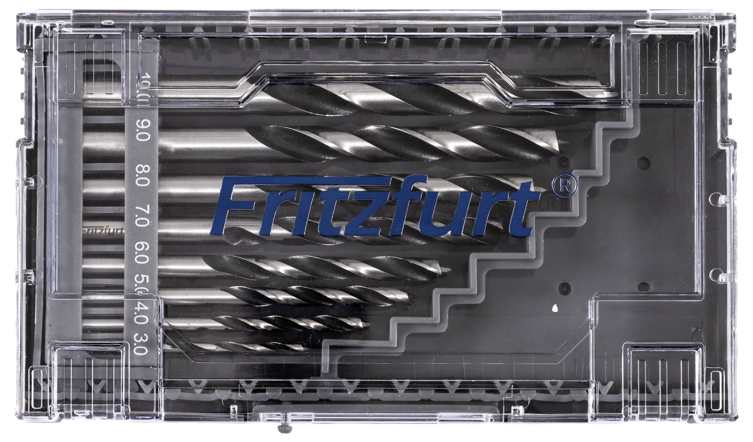 Plastic case with a transparent lid displaying a set of drill bits organized by size. The logo 'Fritzfurt' appears on the lid.