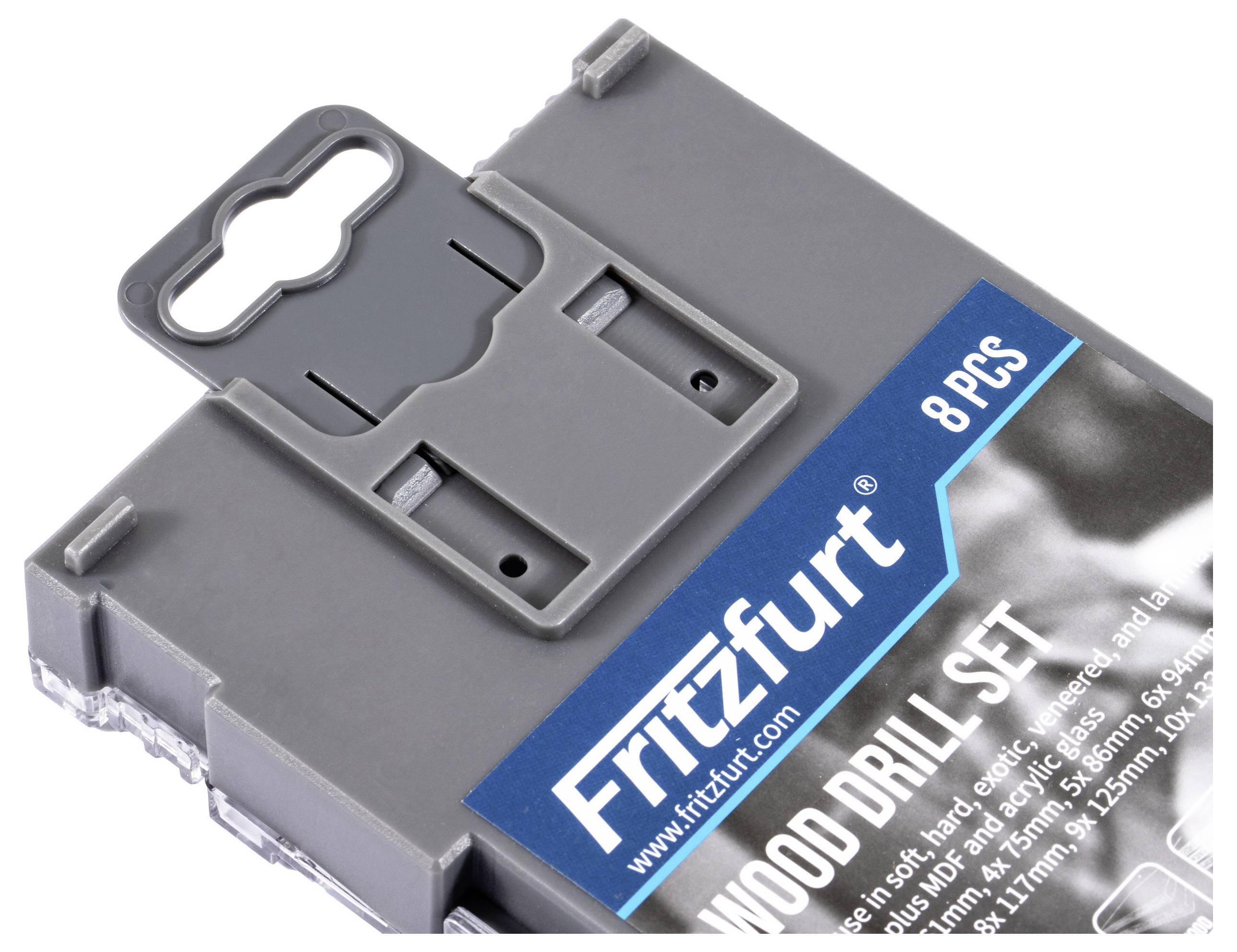 'Fritzfurt Wood Drill Set, 8 pieces, in a plastic case with a hanging loop for easy storage.'