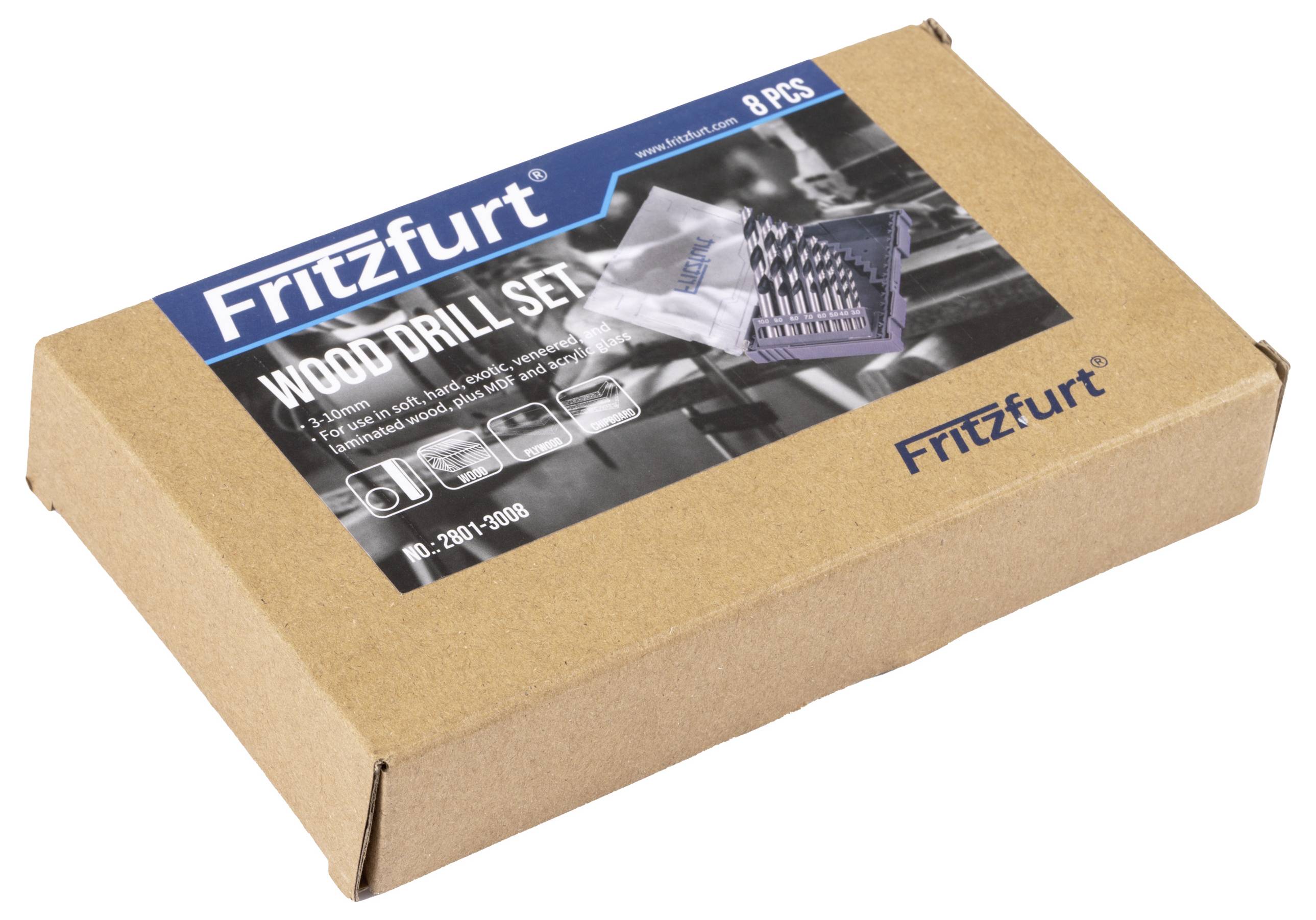 Brown cardboard box labeled 'FRITZfurt Wood Drill Set 8 PCS' with an image of drill bits and specifications.