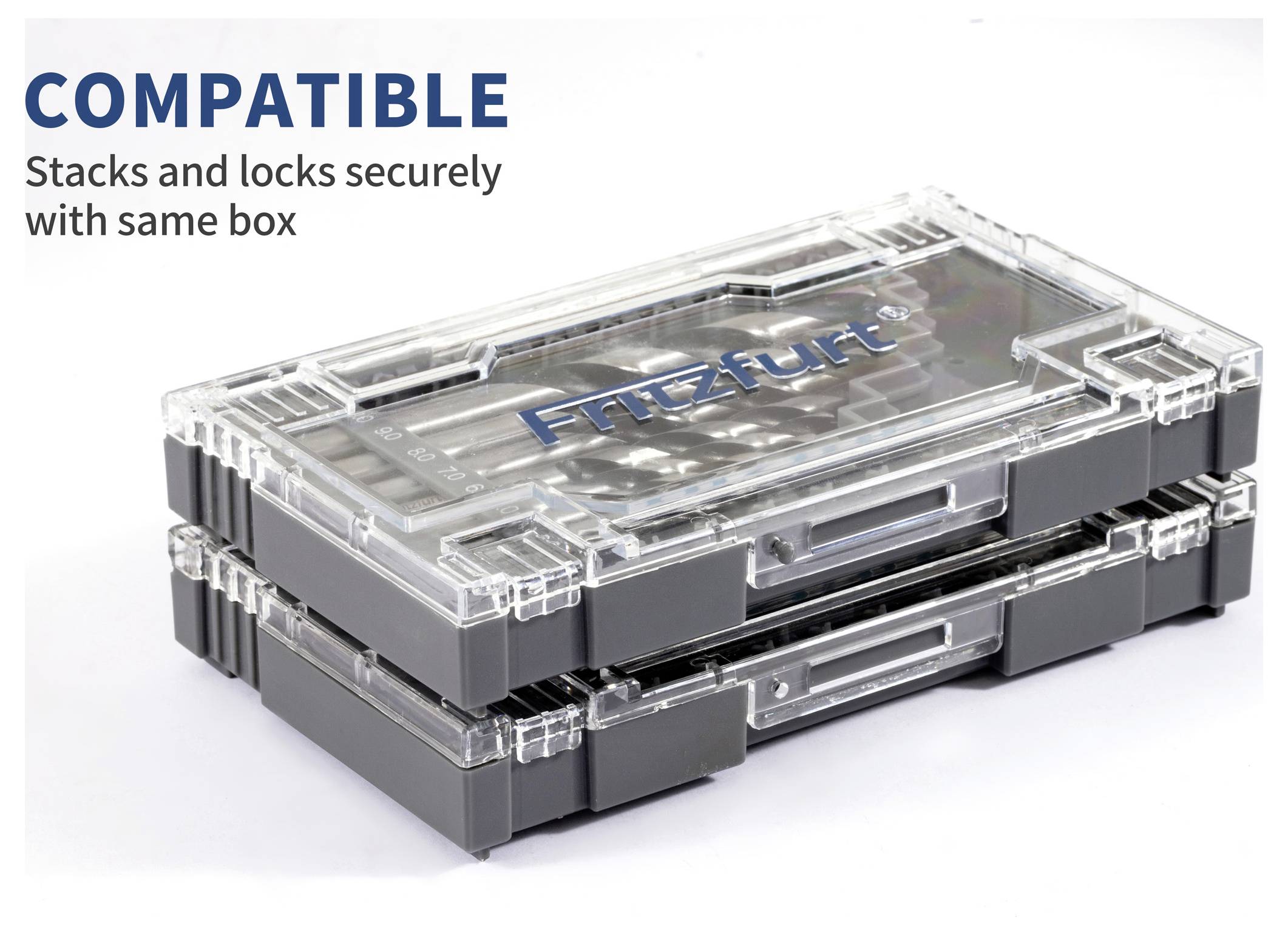 Two transparent storage boxes stacked. Text: 'COMPATIBLE Stacks and locks securely with same box.'
