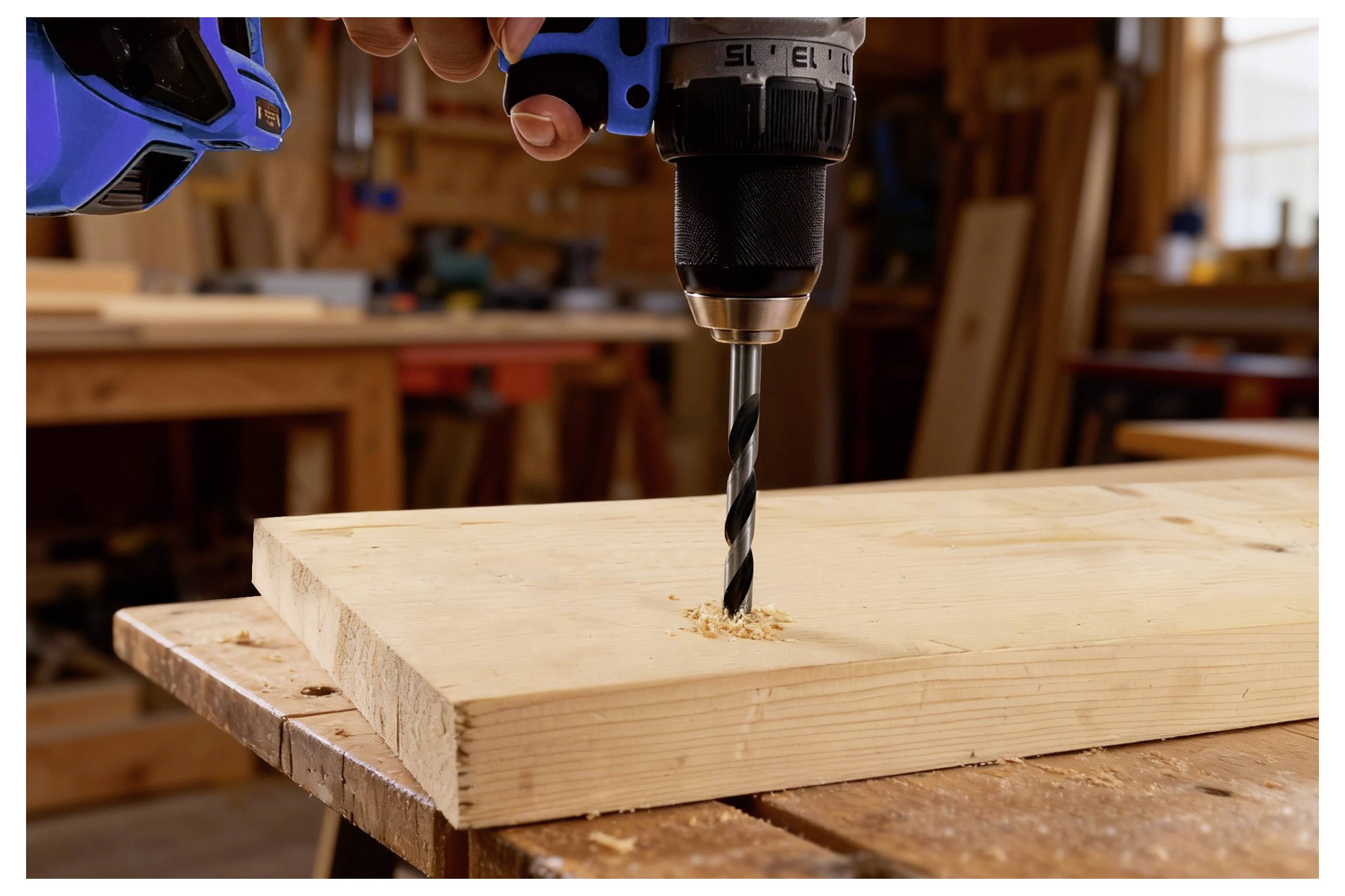 A person uses a blue electric drill to make a hole in a wooden plank on a workbench, with wood shavings scattered around.