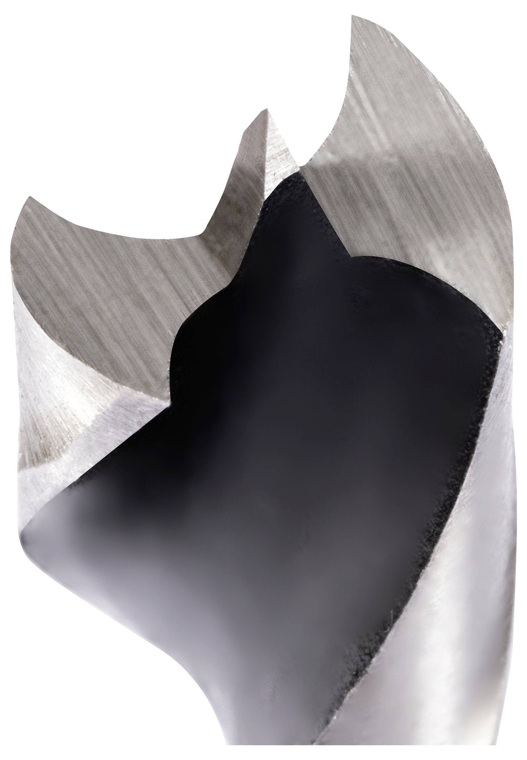 Close-up of a metallic drill bit, showing sharp, angled cutting edges designed for precision drilling.