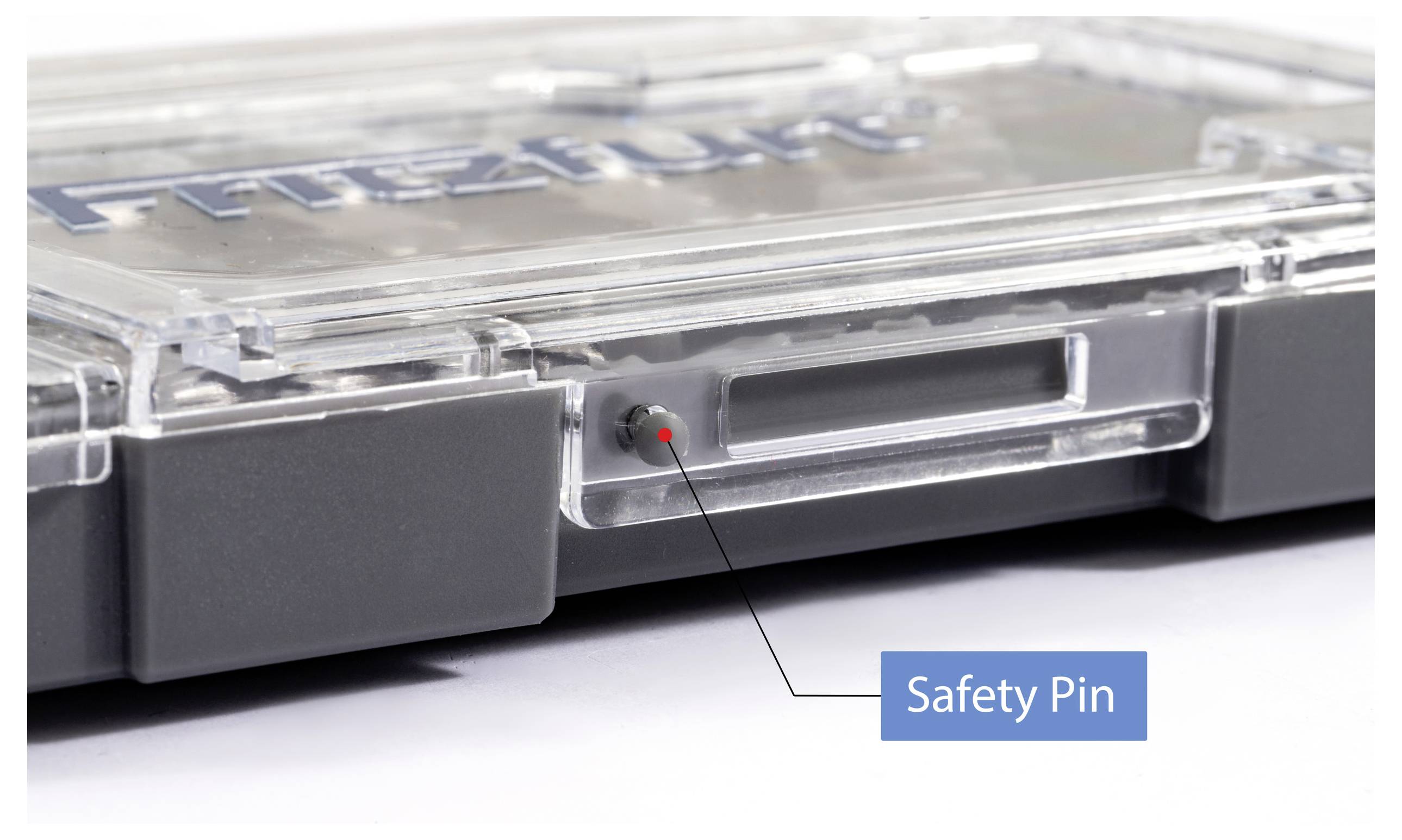 A transparent protective case with a highlighted 'Safety Pin' in the lower corner, indicating a mechanism for security or function.