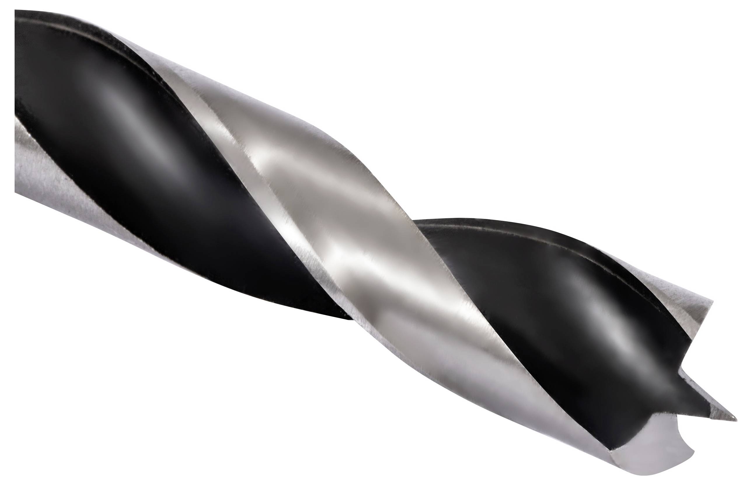 A close-up image of a metal drill bit with a spiral design, showcasing its sharp edge and helical structure used for drilling.