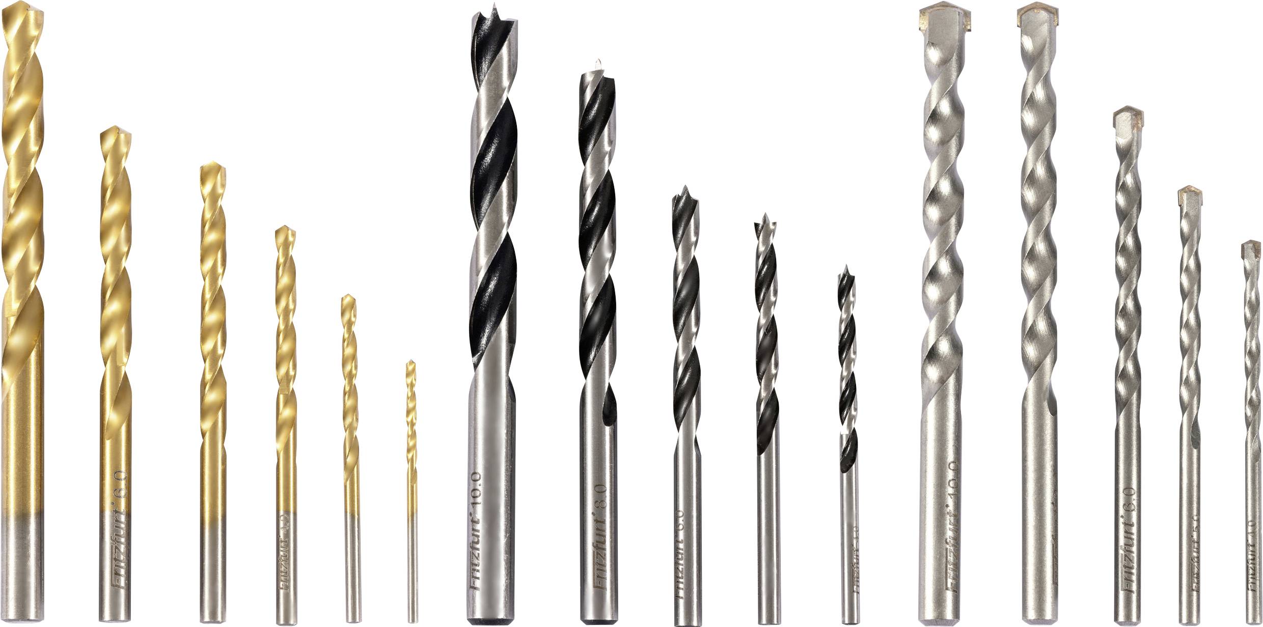 'A row of drill bits in various sizes and designs. Some have a gold finish, others are silver or silver with black. They are arranged by size from left to right.'