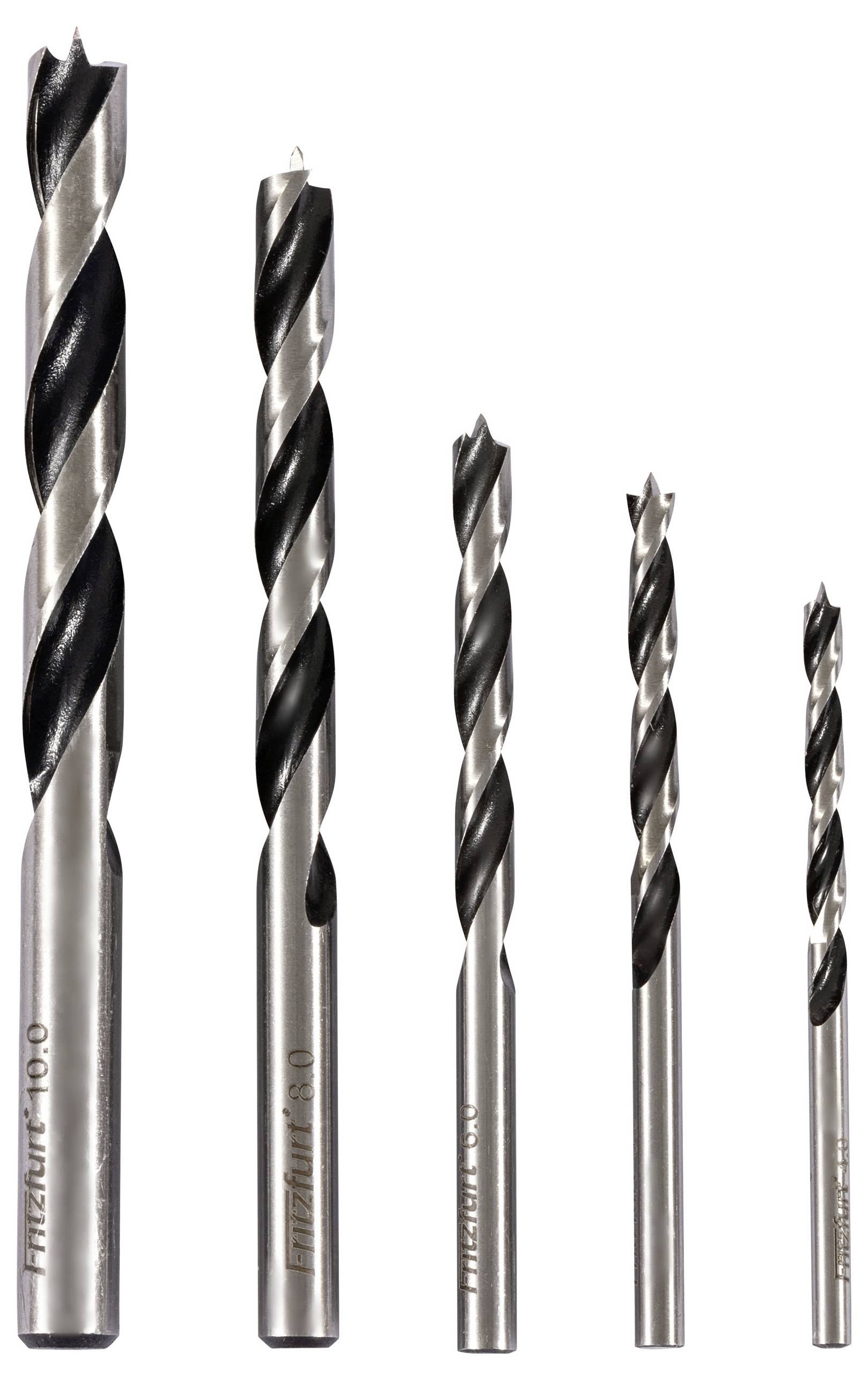 A set of five metal drill bits in varying sizes, displayed vertically from largest to smallest on a plain background.