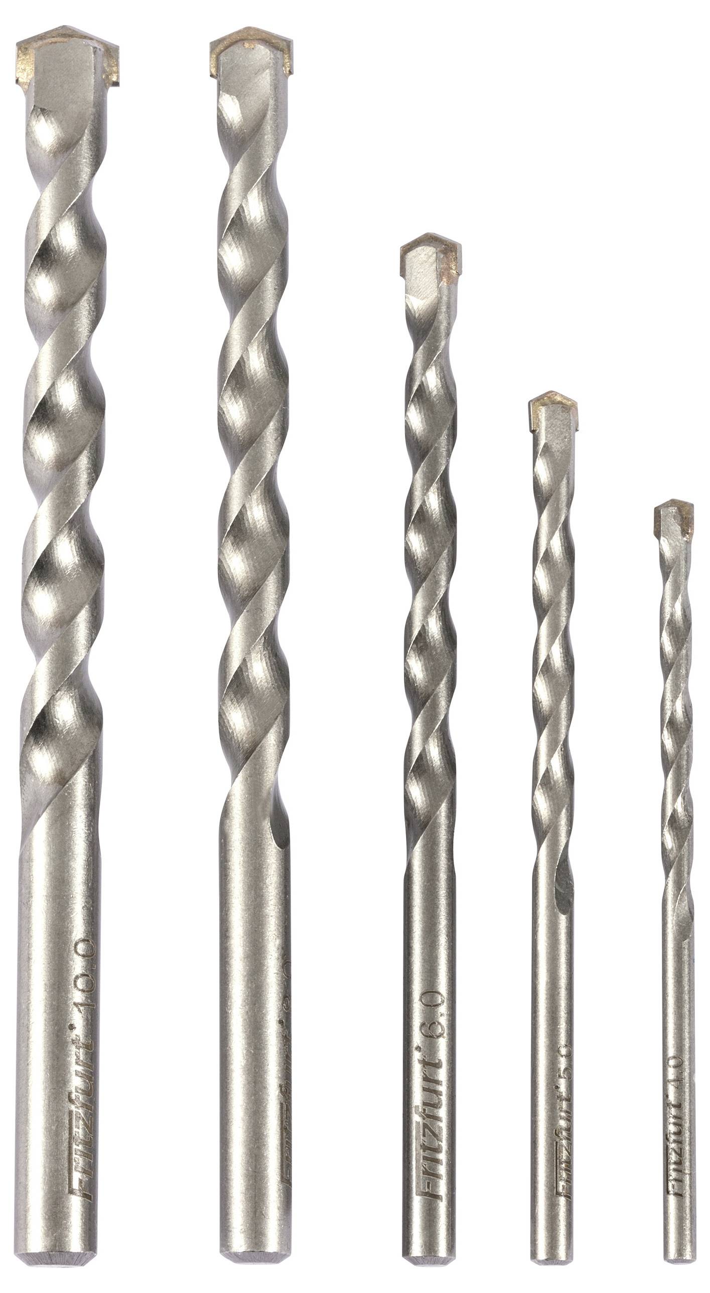 Five metallic drill bits of varying sizes arranged in a row. Each has a twisted design for efficient drilling.