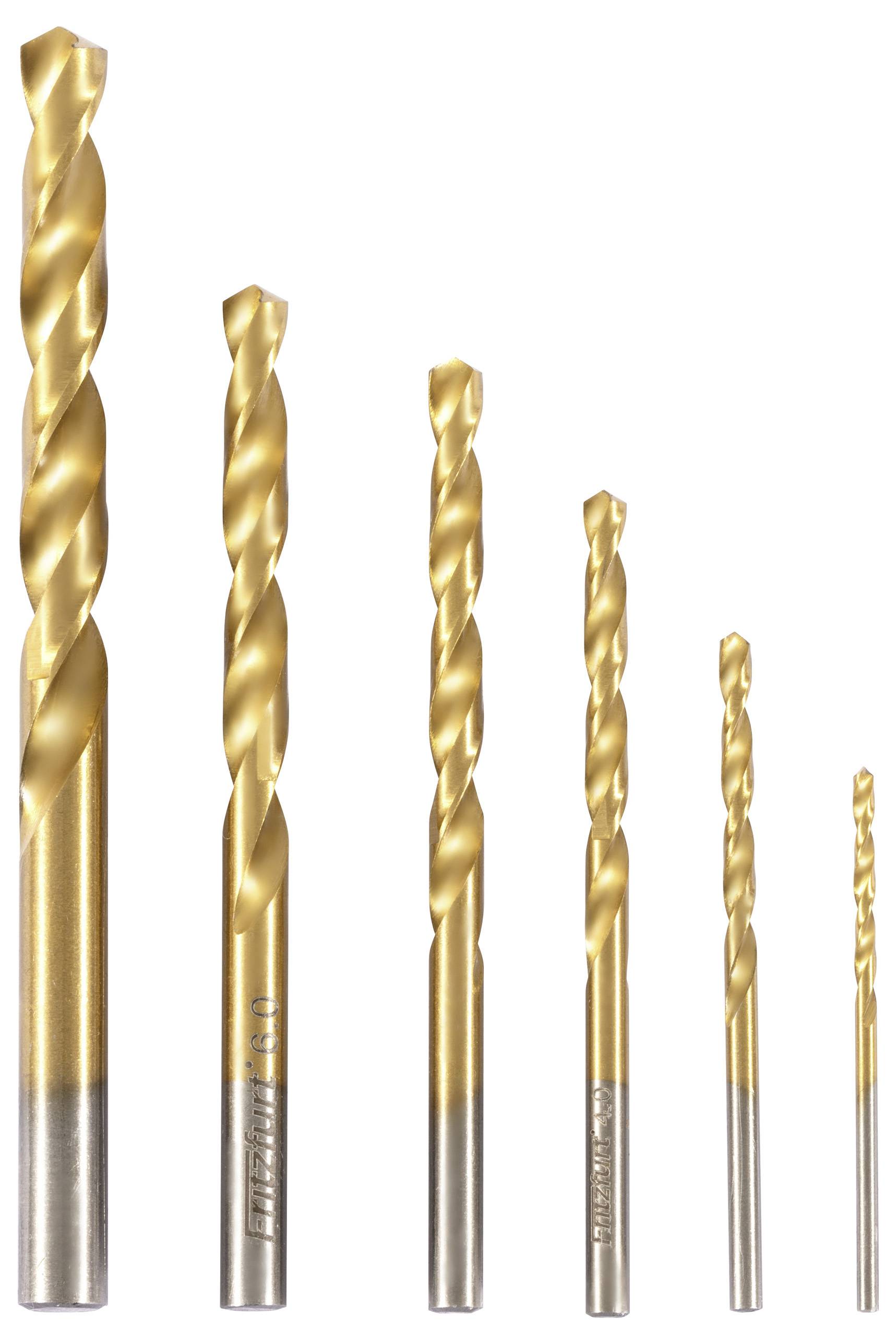 Six titanium-coated drill bits in varying sizes lined up from largest to smallest, showcasing their shiny, twisted designs against a white background.
