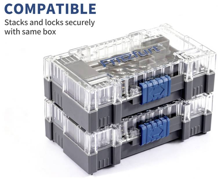 'COMPATIBLE' text above two stacked, locked containers with blue clips, demonstrating secure stacking with the same box type.