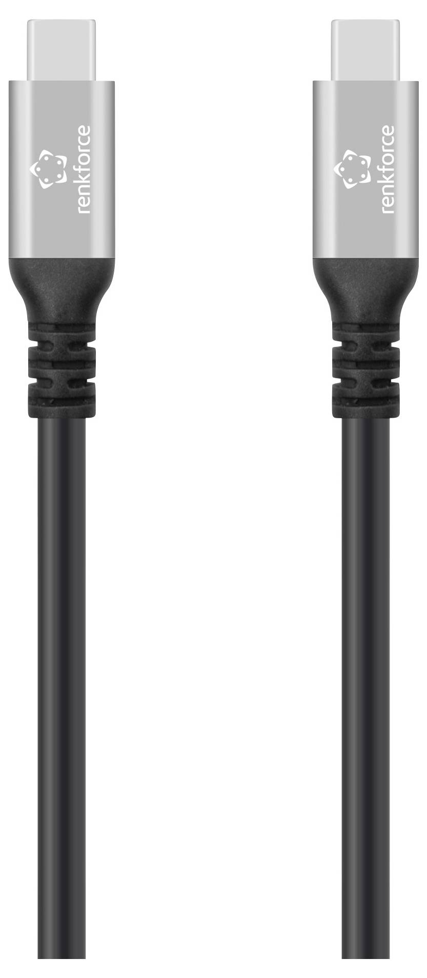 USB-C cable from Renkforce with aluminum connectors on both ends, suitable for charging and data transfer.