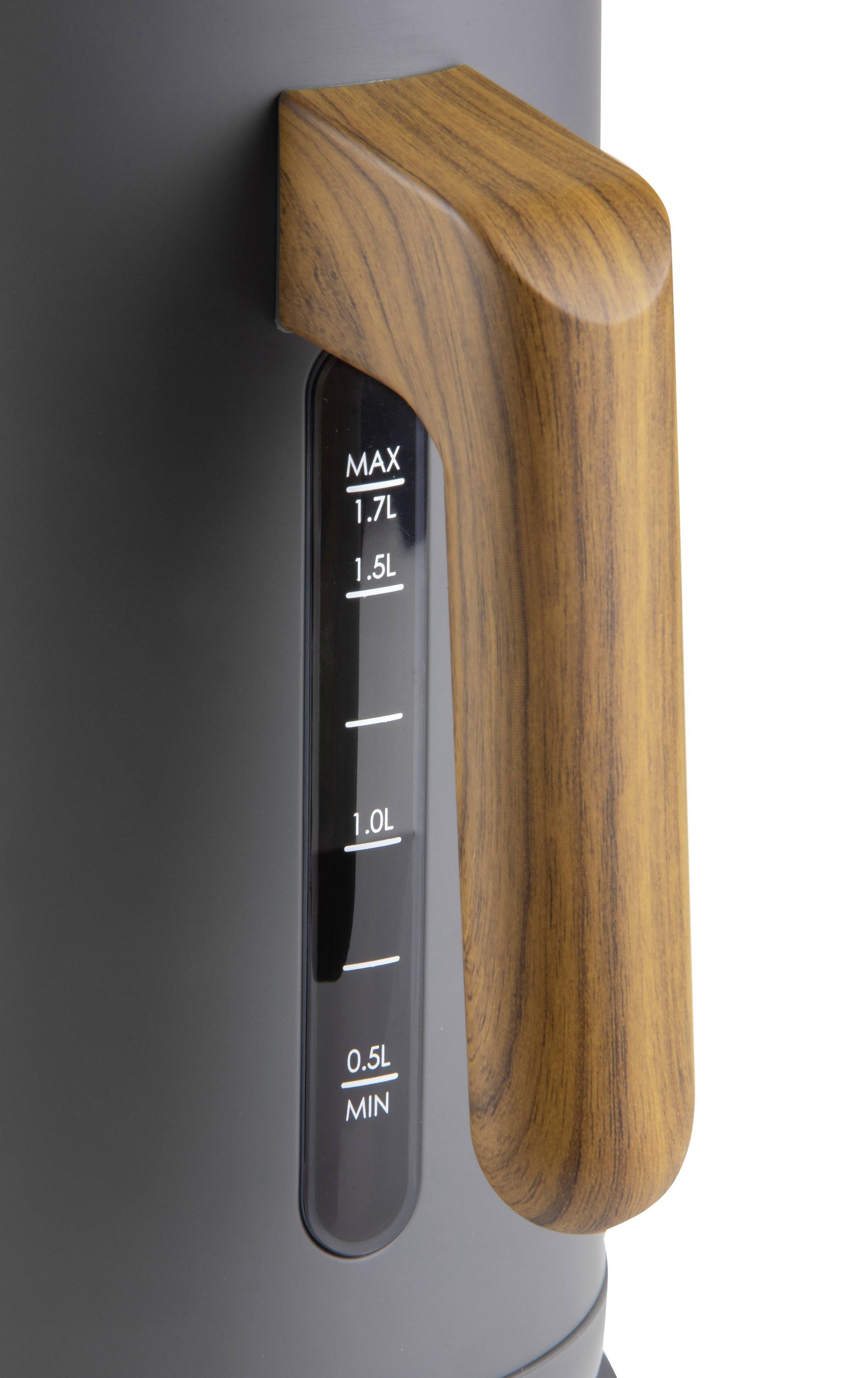 Electric kettle in close-up, showing the wooden handle and water level indicator with markings from 0.5L to 1.7L.