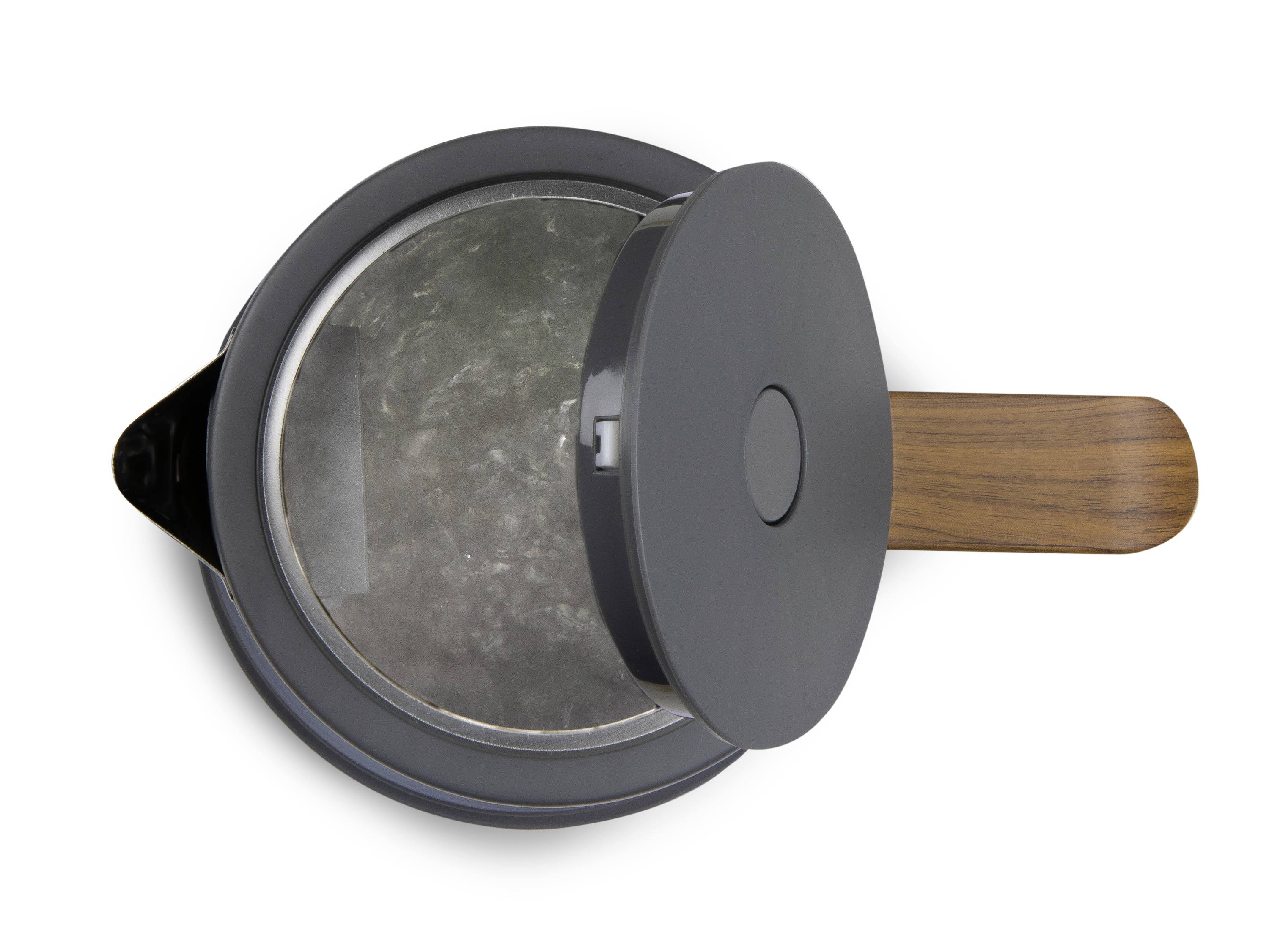 'Pot with wooden handle and half-open lid, viewed from above'