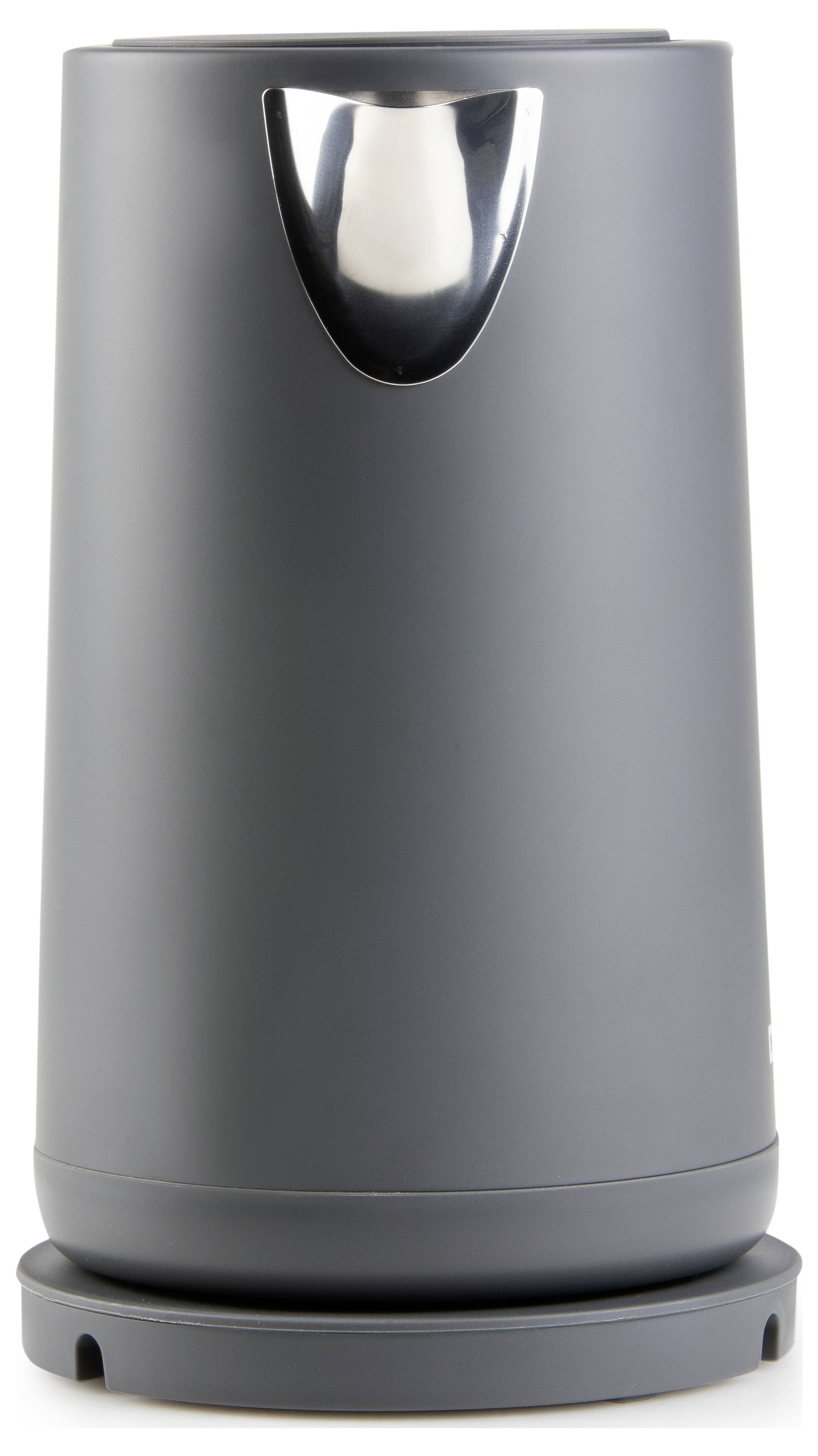 A grey, cylindrical rubbish bin with a shiny lid sitting on a circular base.