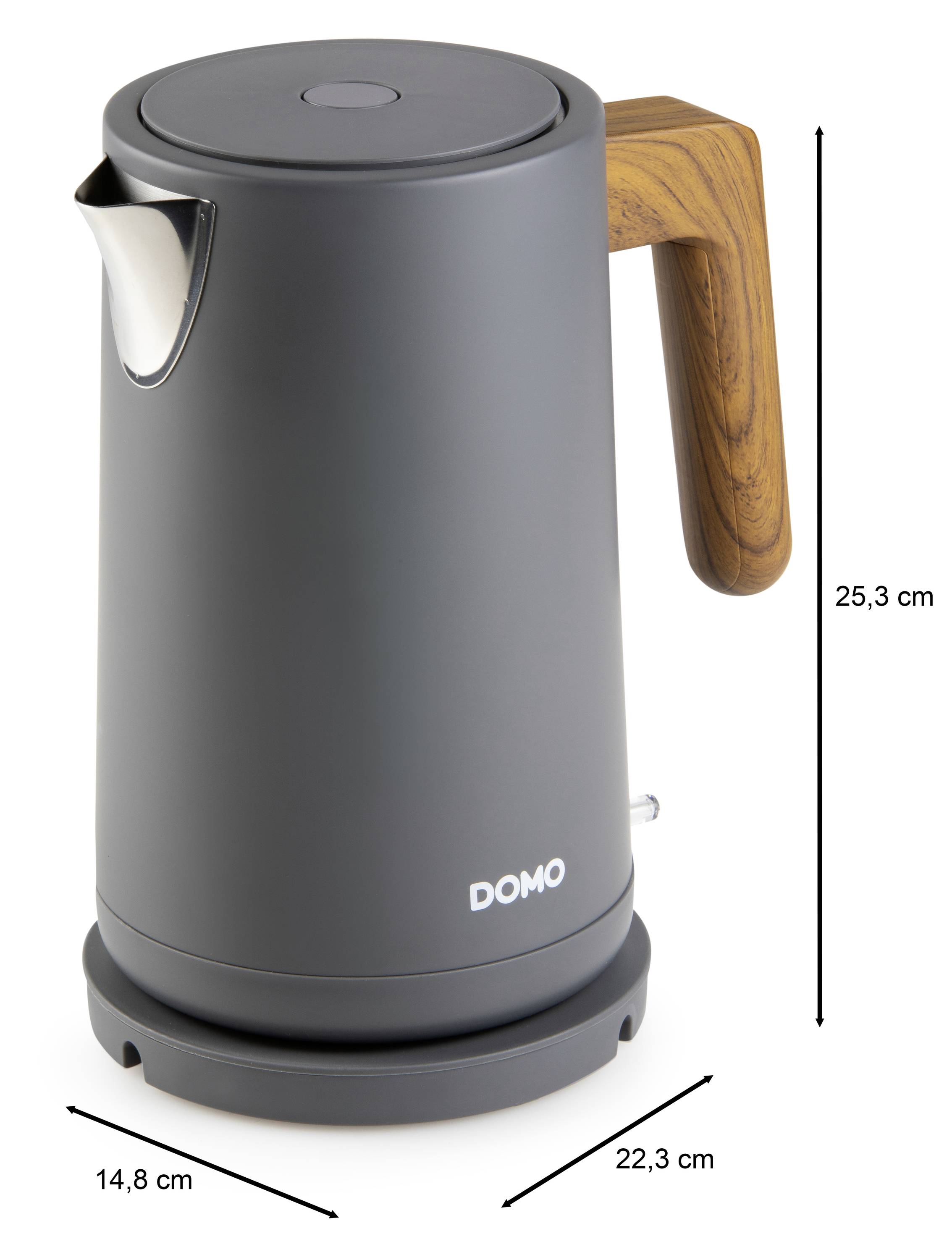A modern kettle made of grey material with a wooden handle, marked with the dimensions: height 25.3 cm, width 14.8 cm, depth 22.3 cm.