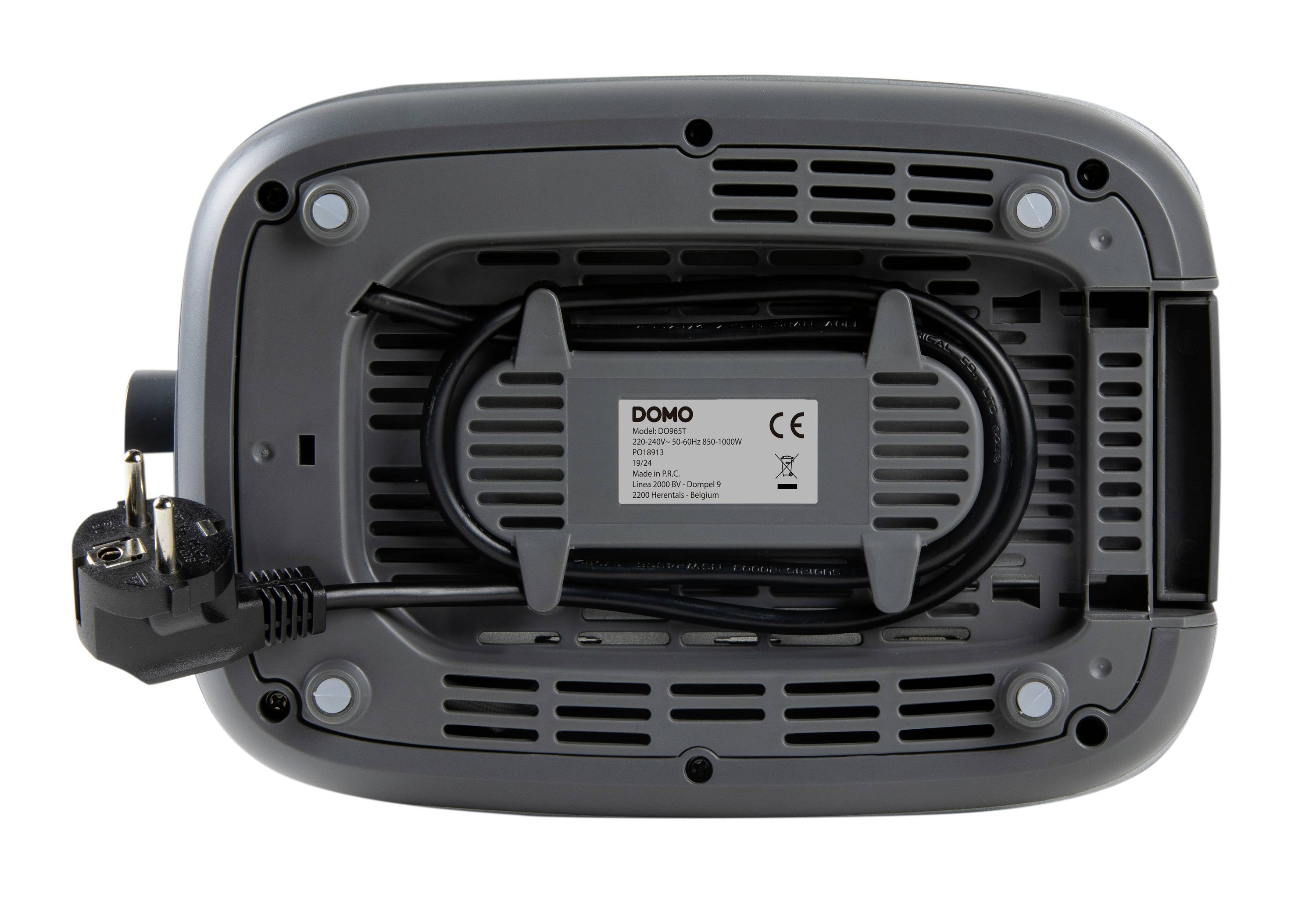 Underside of a grey household appliance with a coiled cable and a label displaying technical information. Features a European plug.