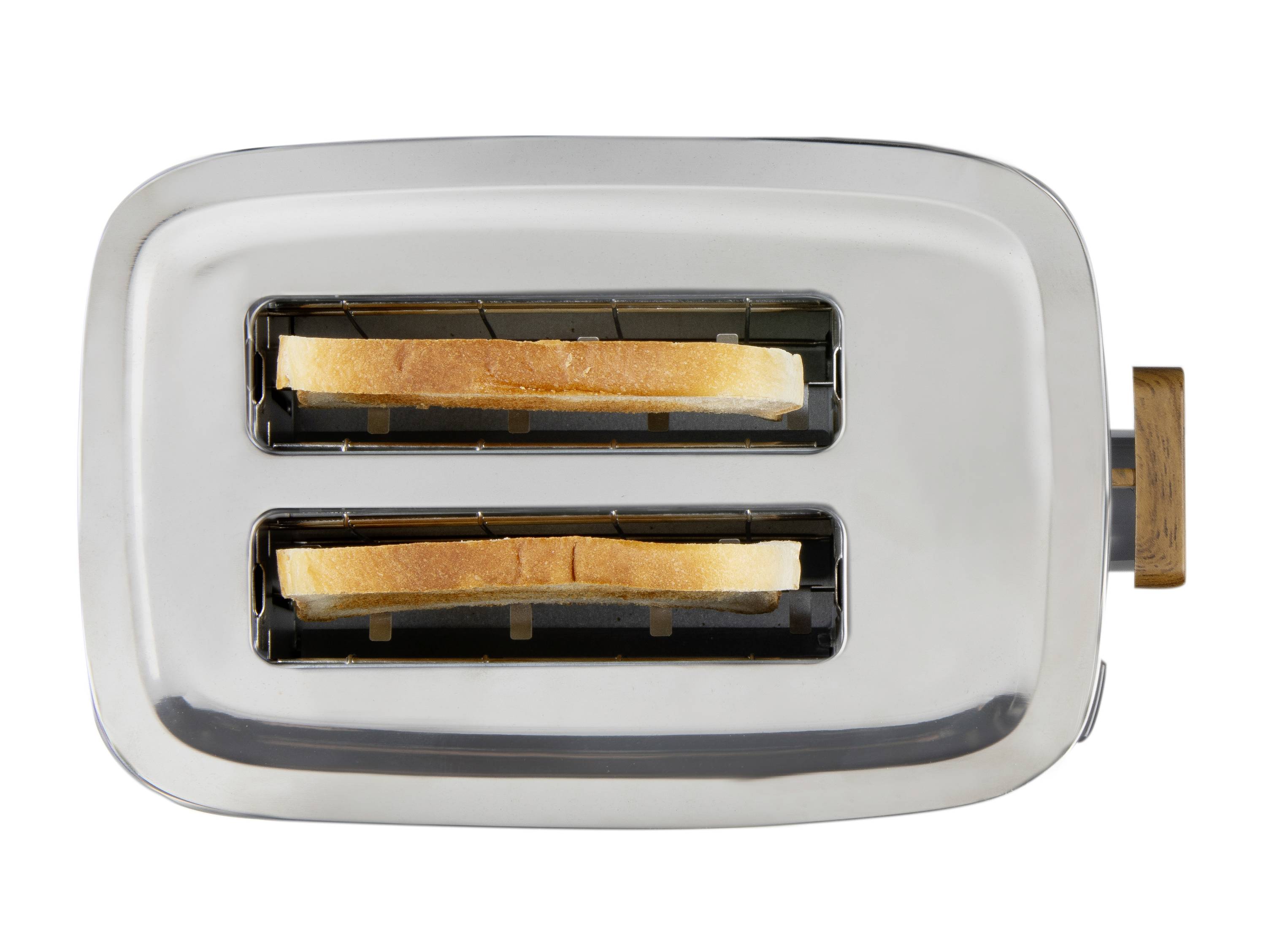 Silver toaster with two toasted slices of bread in the slots, viewed from above.