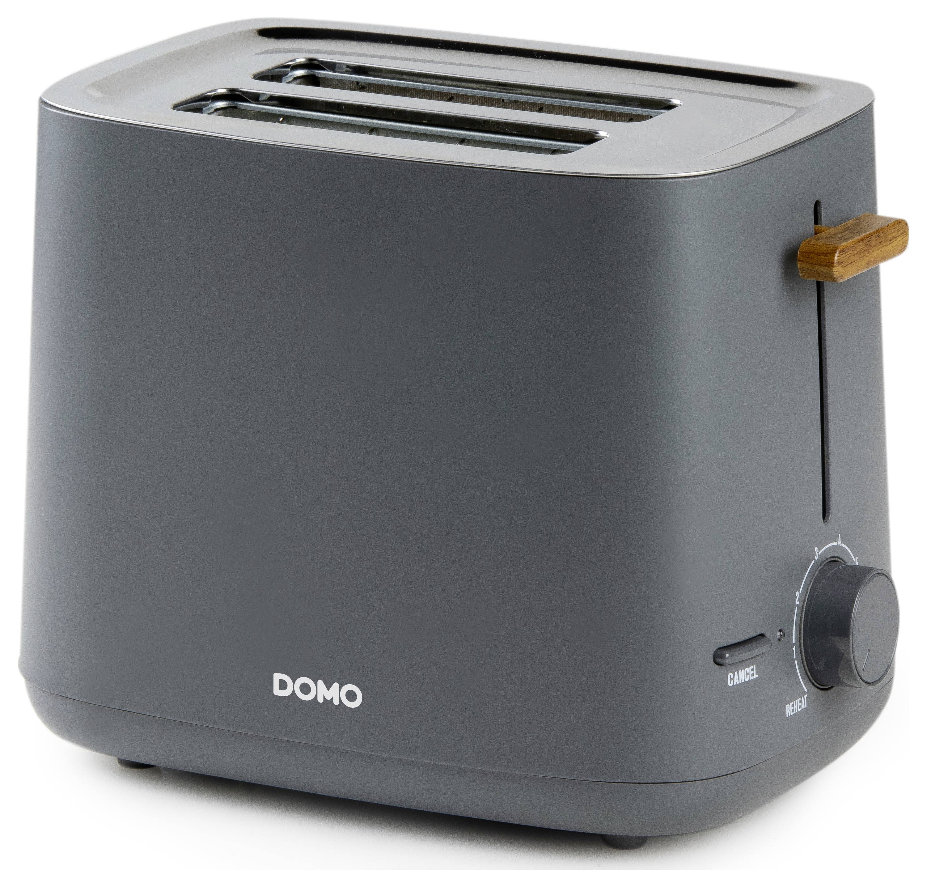 A dark grey toaster with wooden details and two toast slots, brand Domo, sits on a white background.