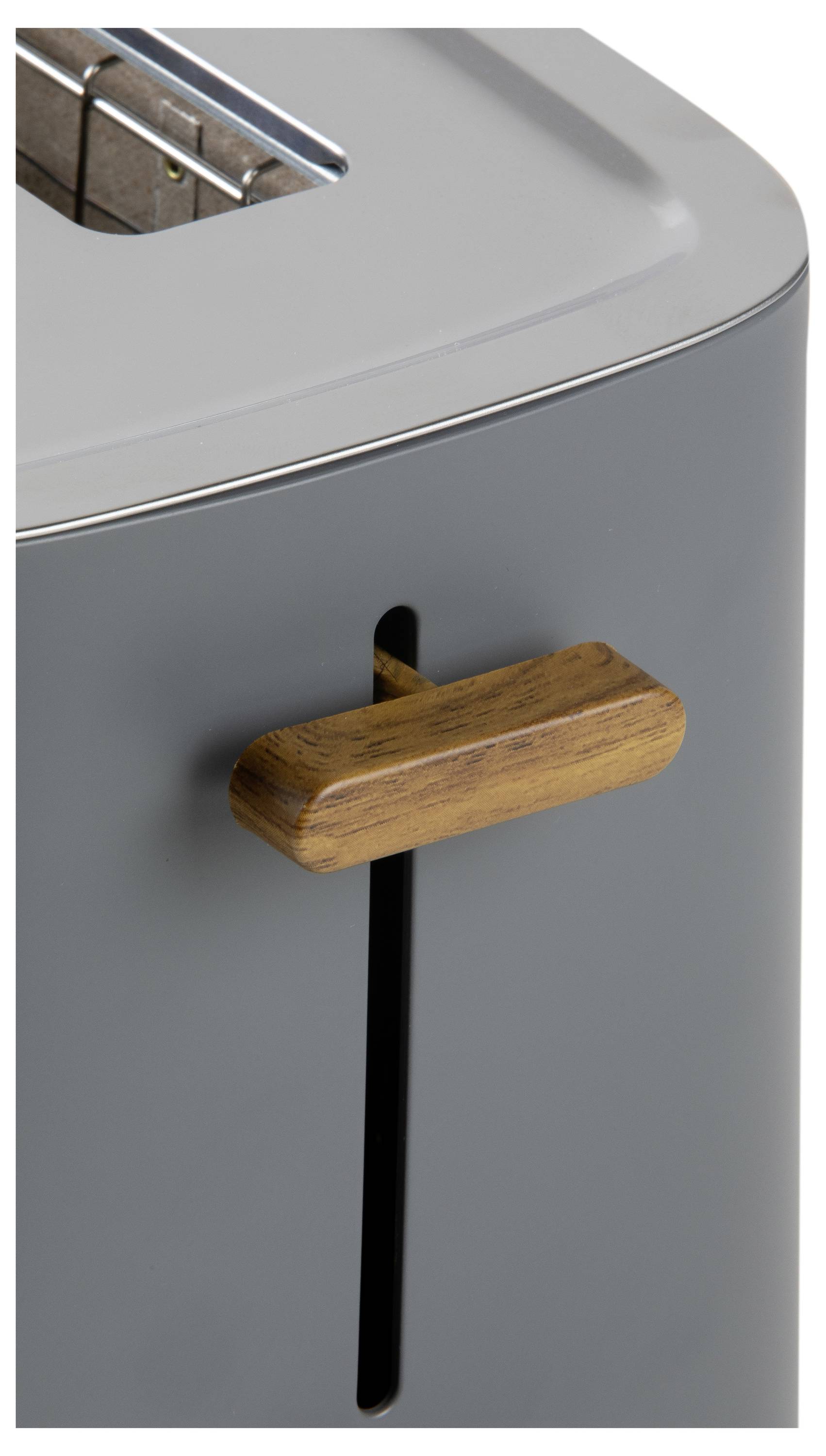 A grey toaster with a vertical wooden lever on the right-hand side.