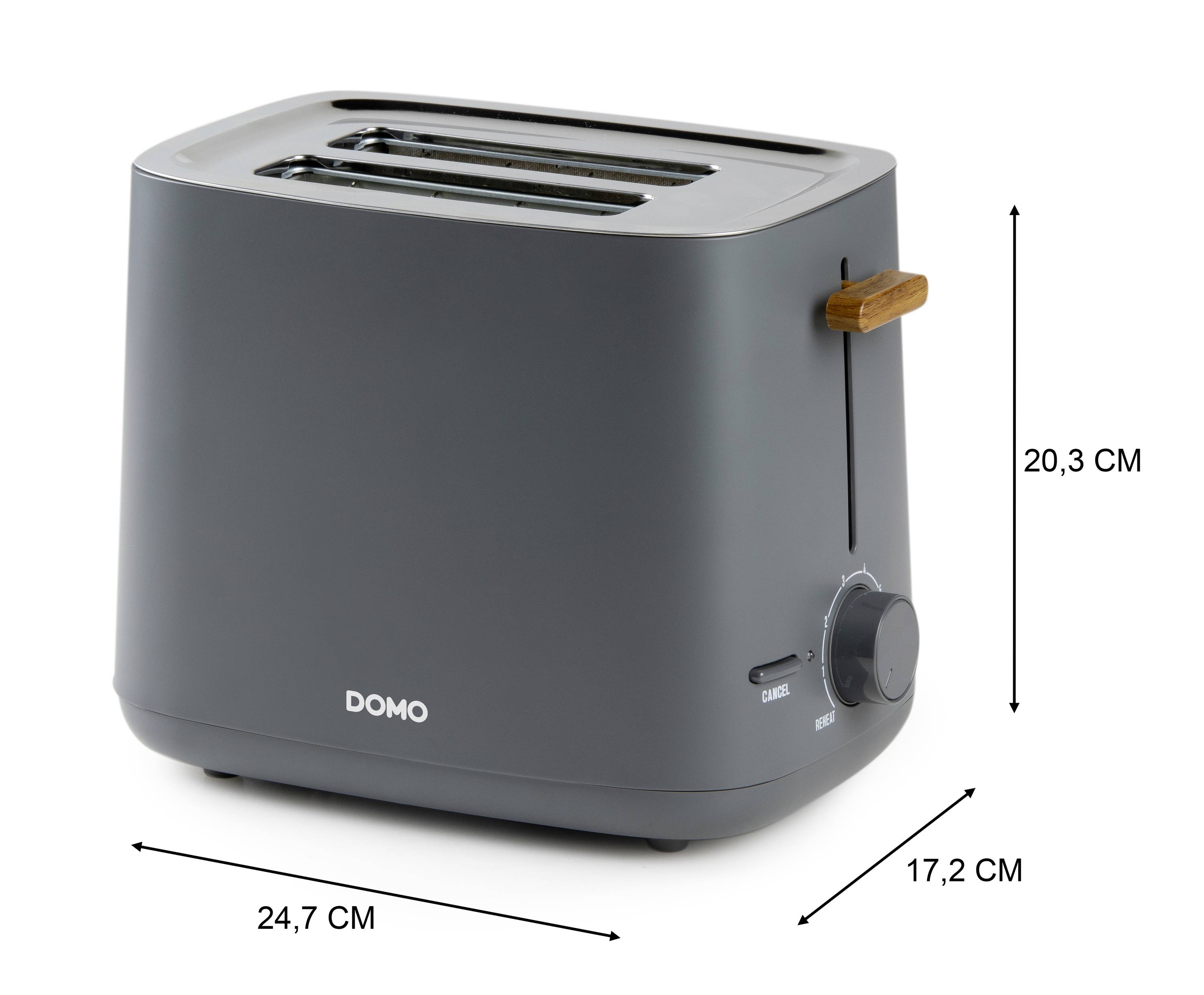 Grey two-slice toaster with rotary dial for browning control. Dimensions: 24.7 cm wide, 20.3 cm high, 17.2 cm deep.