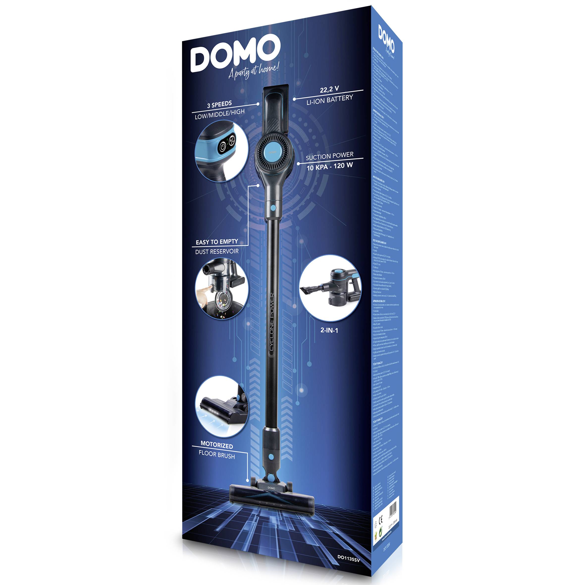 Cordless vacuum cleaner pictured on packaging. Features: 3 speeds, 22.2 V lithium battery, 2-in-1 function.