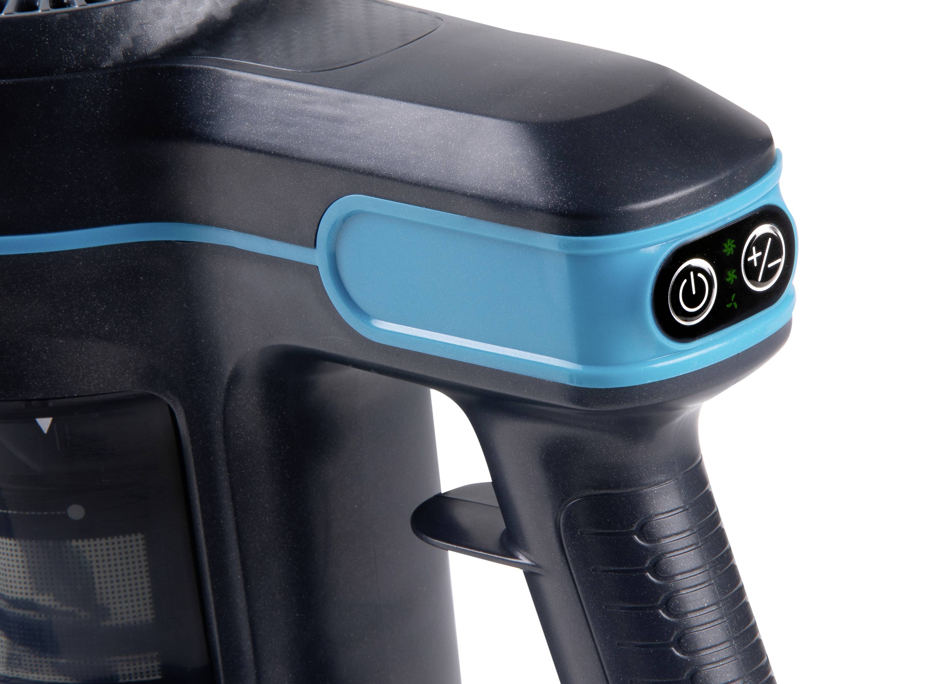 Close-up of a black and blue vacuum cleaner handle with two buttons: On/Off and power control.