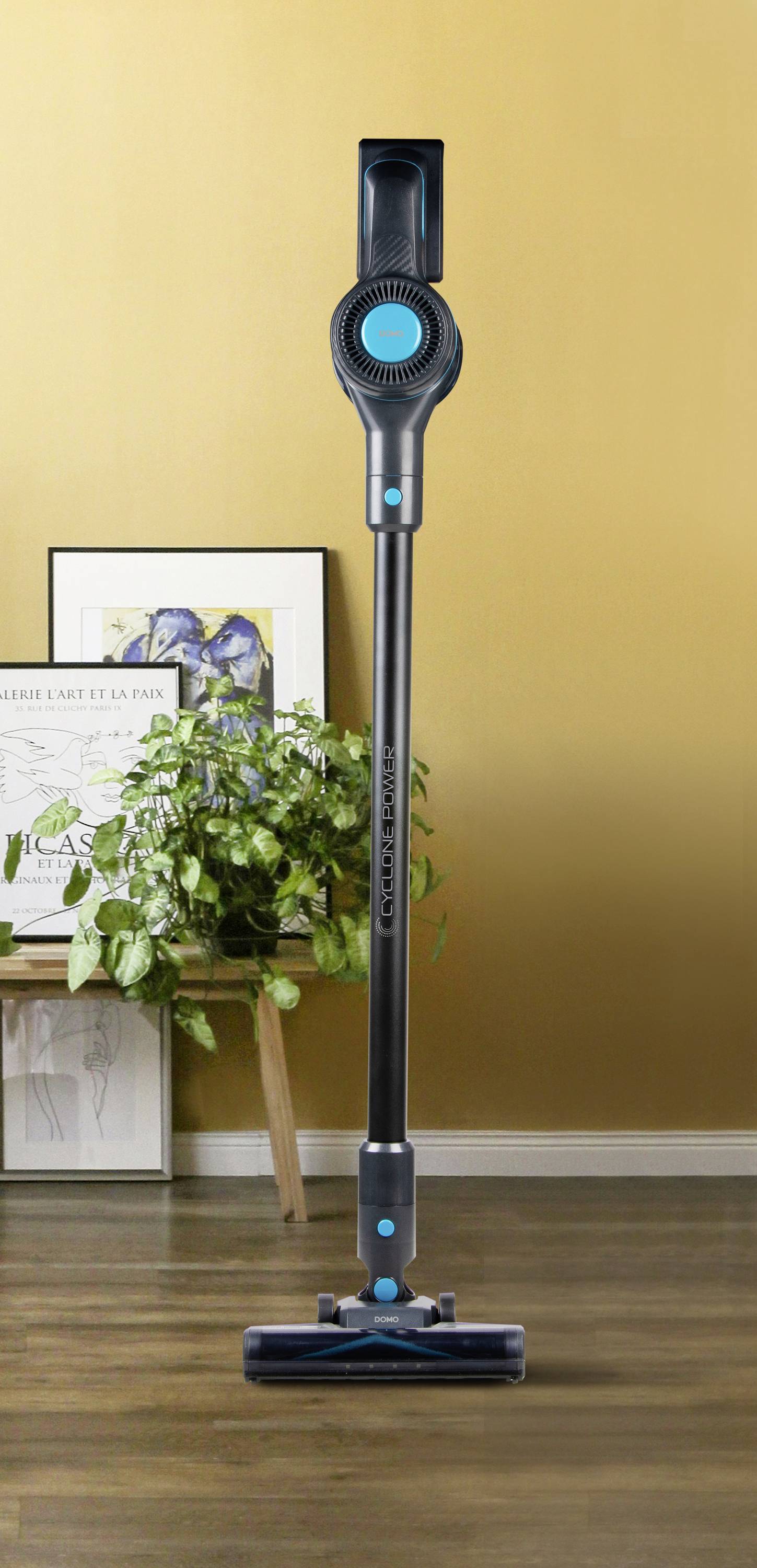 A cordless vacuum cleaner stands on a wooden floor in front of a yellow wall. Beside it, a plant and framed artwork can be seen.