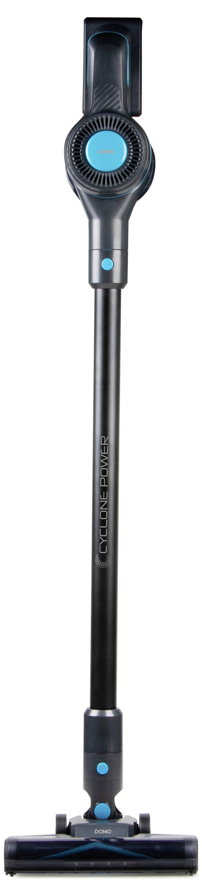 A cordless handheld vacuum cleaner with a sleek design in blue and black, suitable for easy cleaning without cable clutter.