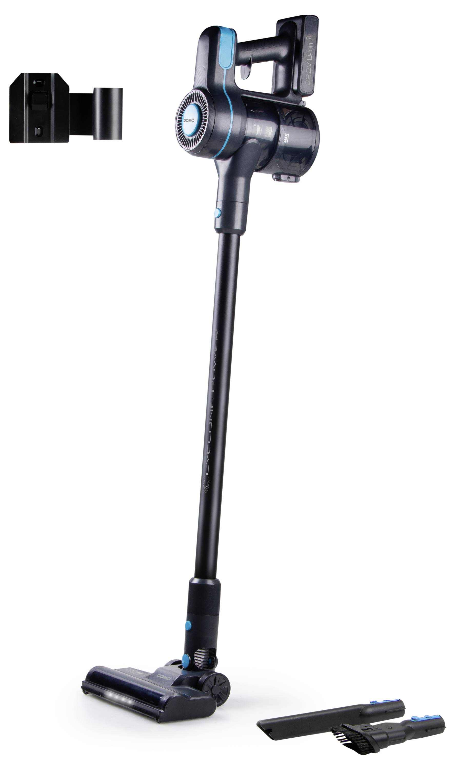 Cordless stick vacuum cleaner in black with blue accents, pictured together with wall mounting accessories and two nozzles.