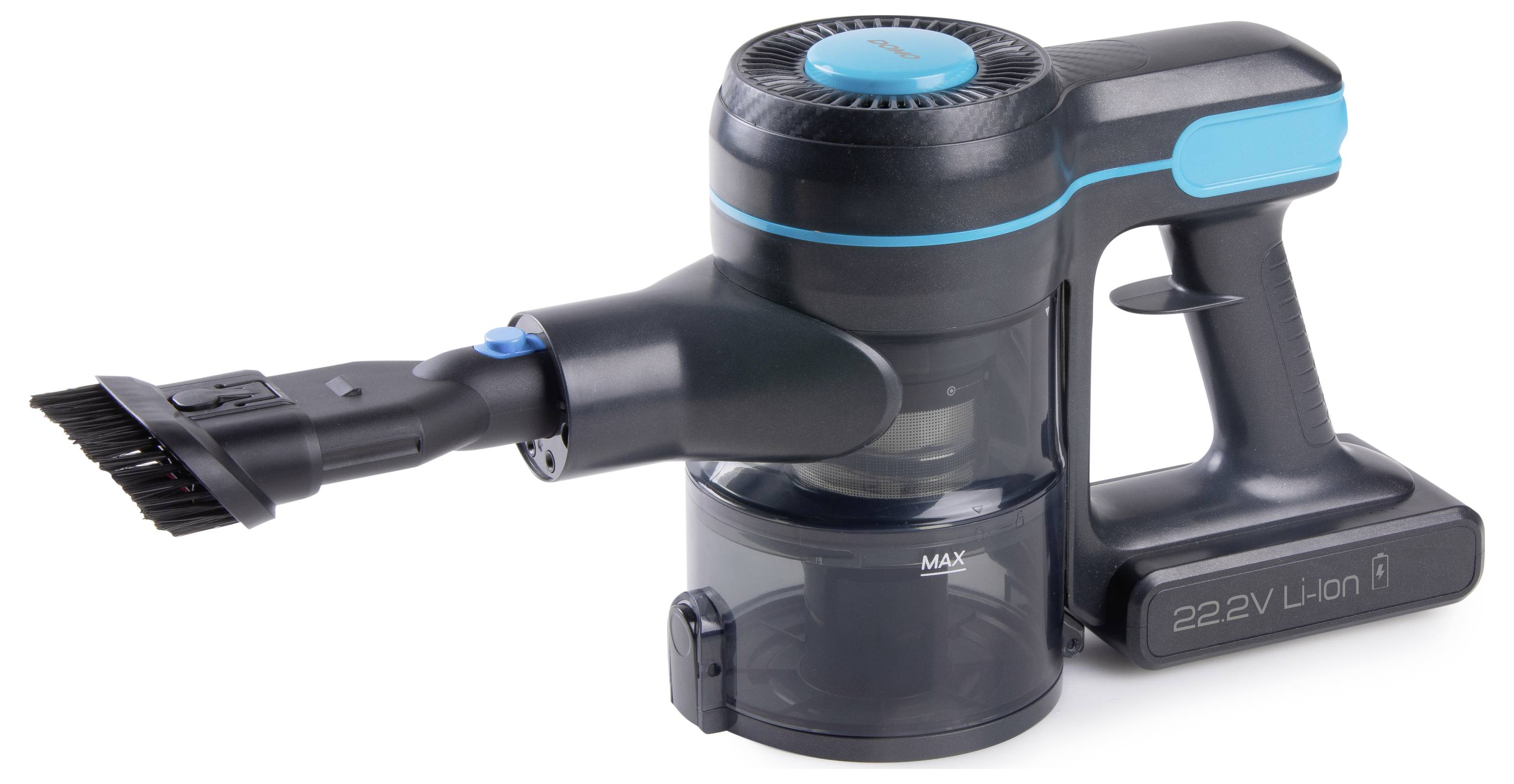 A cordless handheld vacuum cleaner with a brush attachment, black body and blue accents, presented on a white background.
