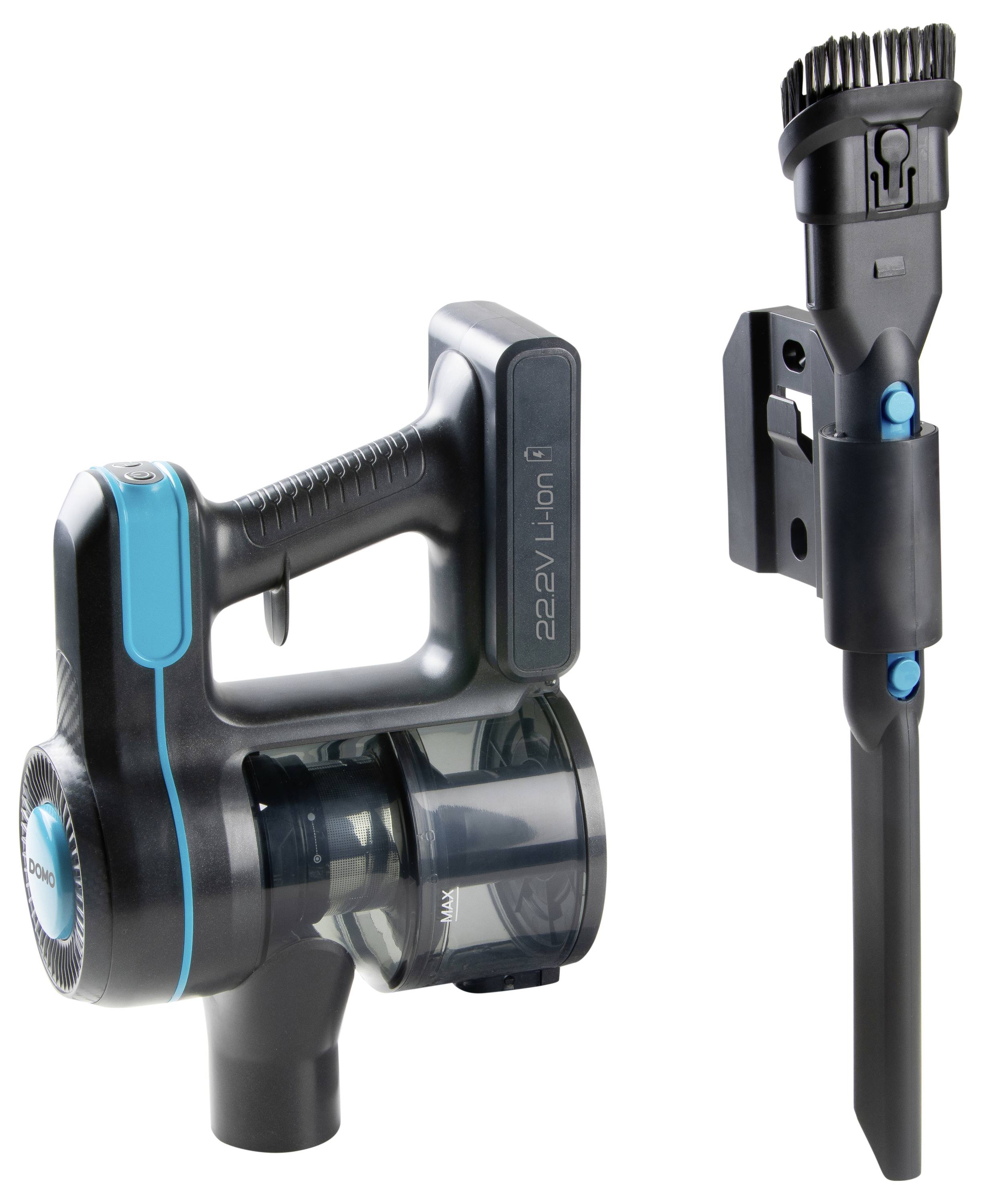 A cordless handheld vacuum cleaner with a detachable attachment, suitable for cleaning tight spaces and hard-to-reach surfaces.