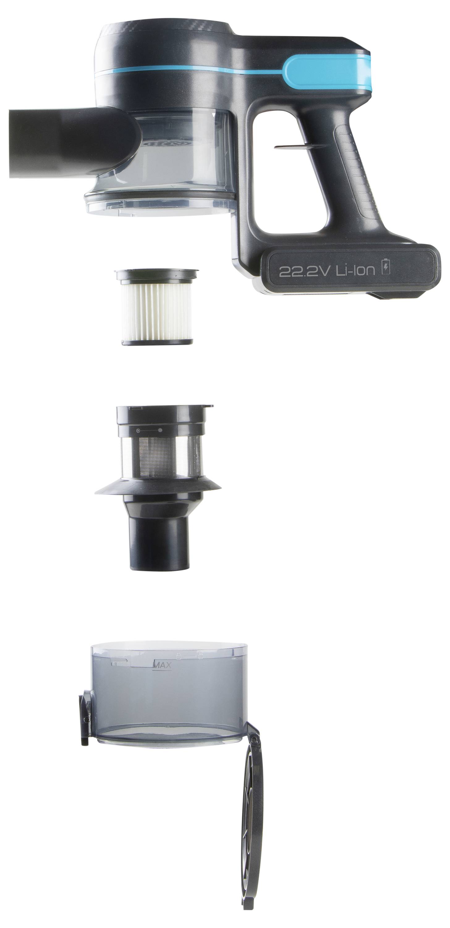 'Cordless Vacuum Cleaner: Front view of the motor, filter, and dust container, shown separately. 22.2V Li-Ion battery.'